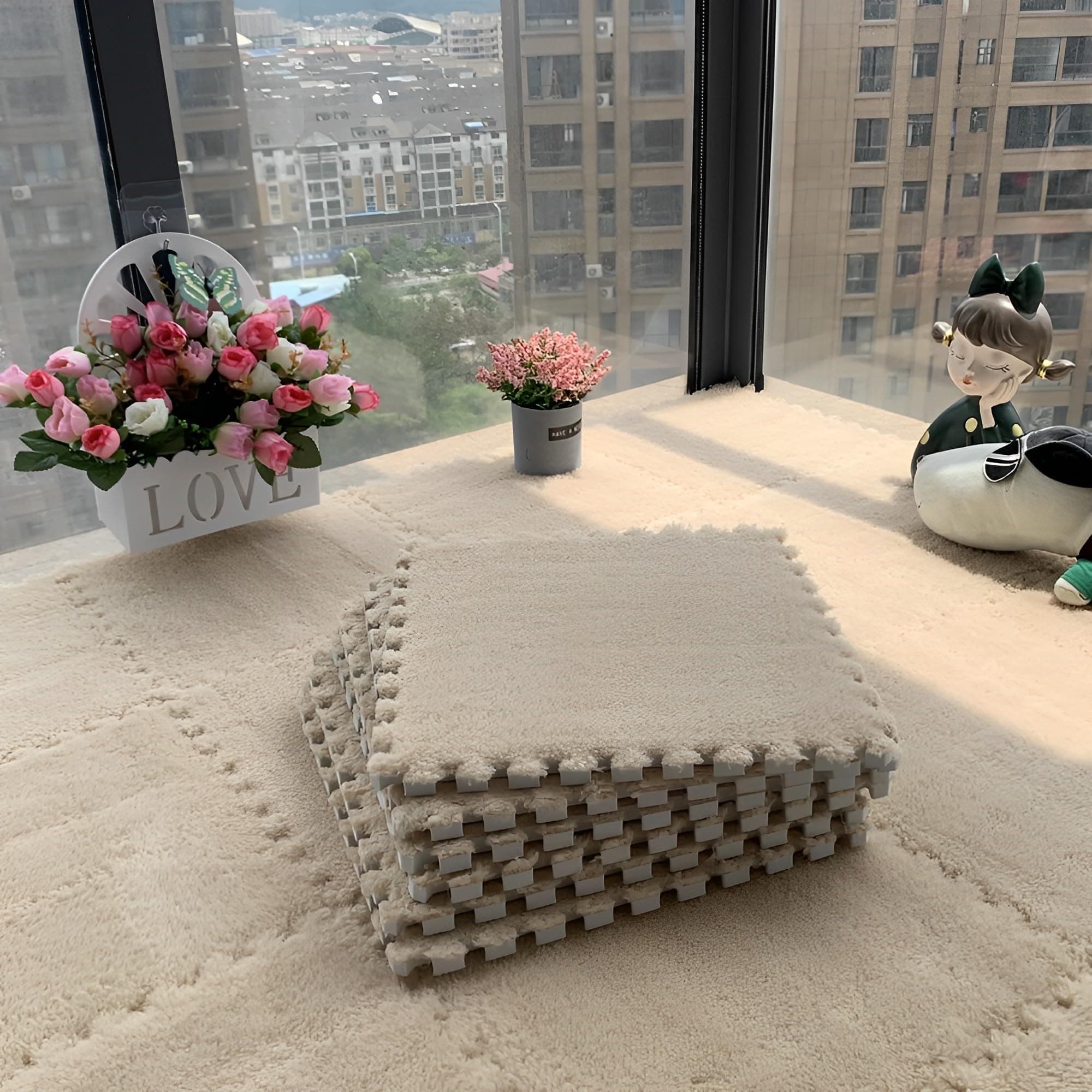 Beauenty 12 Pcs Interlocking Foam Mat Floor Tiles,Thickened Plush Eva Foam Padding,Foam Play Floor Mat with Border,Fluffy Protective Floor Tiles for Exercising,Yoga,Playroom (11.85 X 11.85in,Camel)