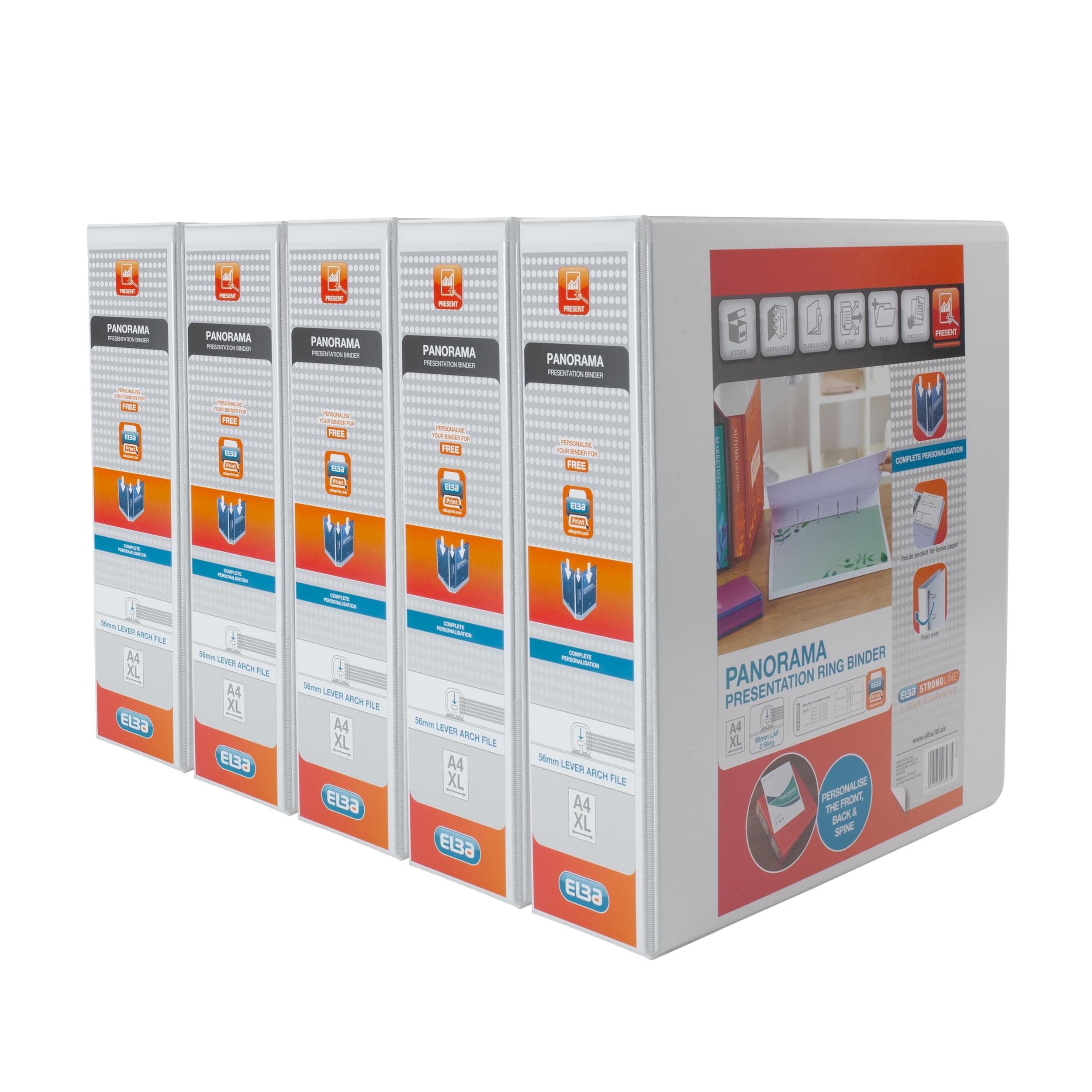 Elba A4 2 D-Ring Lever Arch File, 56mm capacity, 90mm spine, Presentation Folder with Customisable Cover, Portrait, White (Pack of 5)