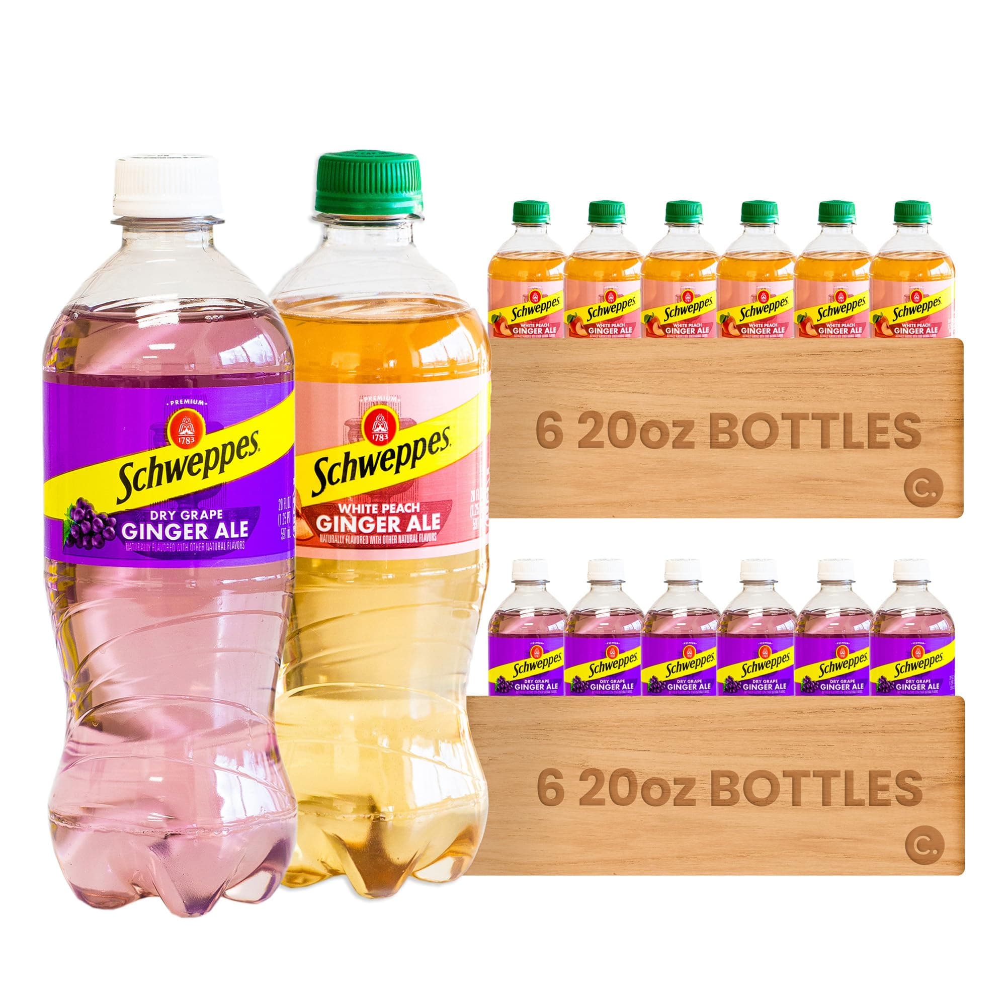 Schweppes White Peach Ginger Ale (6 bottles) - Dry Grape (6 bottles) - Variety Pack - Refreshingly Delicious - 12, 20oz Bottles
