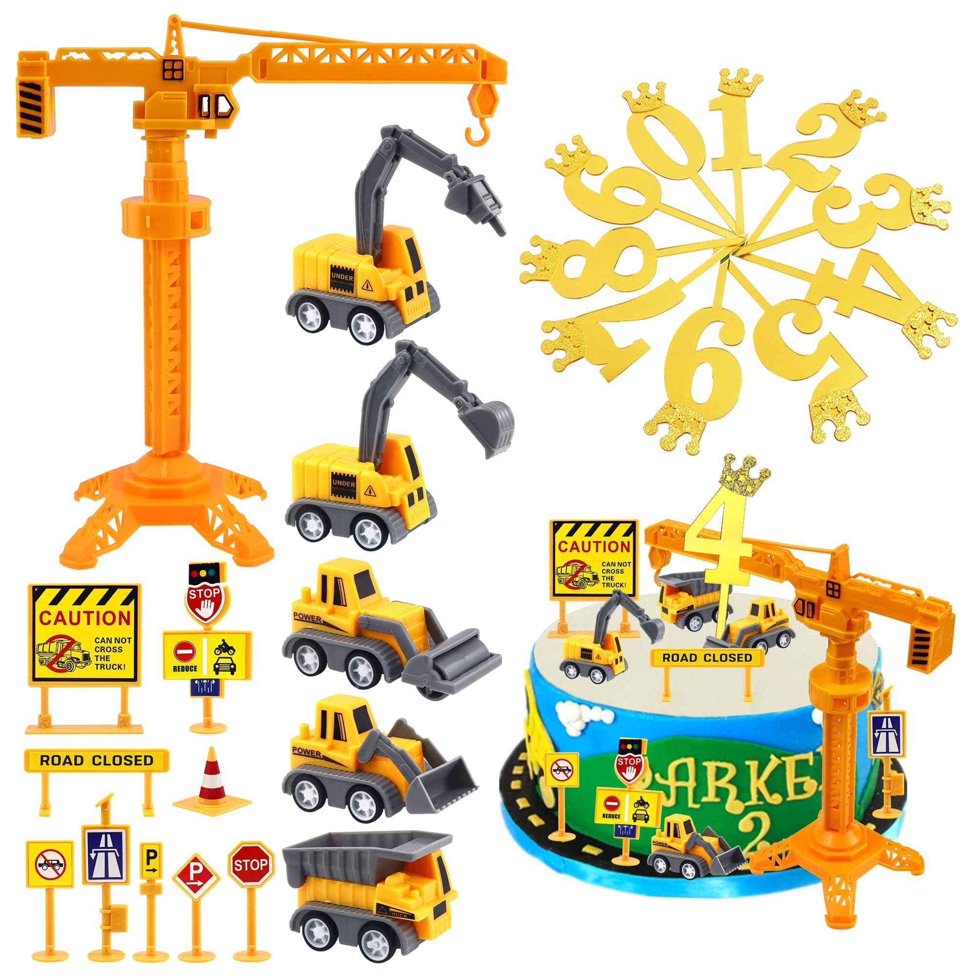 25Pcs Mini Construction Vehicles Cake Toppers Set Number 0-9 Golden Stick and Road Toy Sign Tower Crane Excavator Cake Cupcake Topper Digger Theme Cake Decorations for Kids Boys Baby Shower Birthday