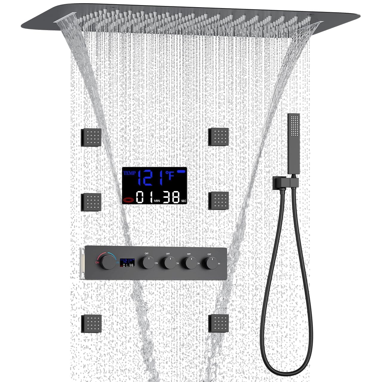 AYIVG Multifunctional Thermostatic Concealed Shower System Matte Black Ceiling Shower Faucet System Brass Shower Faucet Set With Digital Display Shower Valve And Hand Shower And 16 * 24” Shower Head