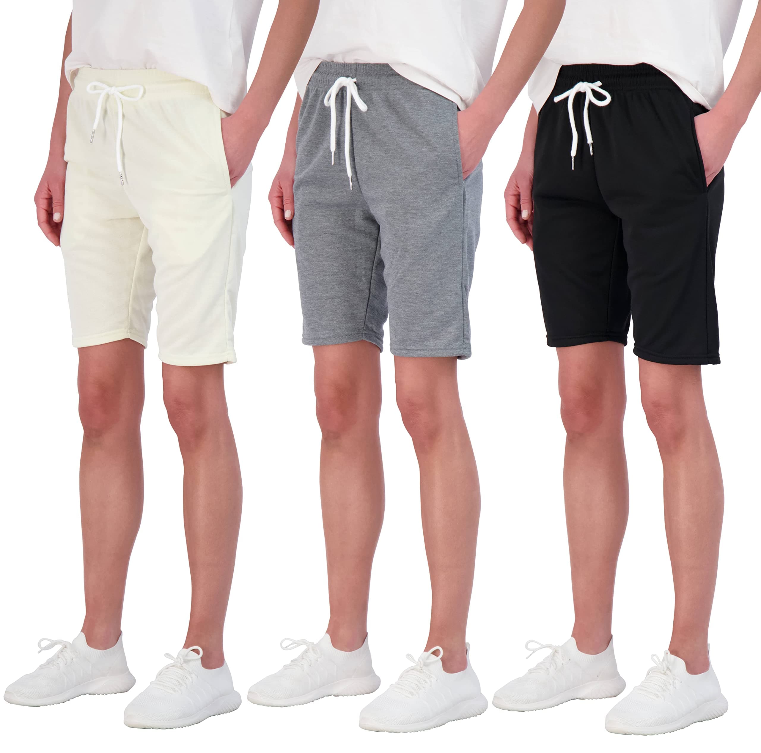 Real Essentials 3 Pack: Womens Just My Plus Size Cotton French Terry 9" Bermuda Short Pockets Ladies Knee Length Summer Casual Yoga Lounge Athletic Long Hiking Knee Length Workout Shorts- Set 4, 1X