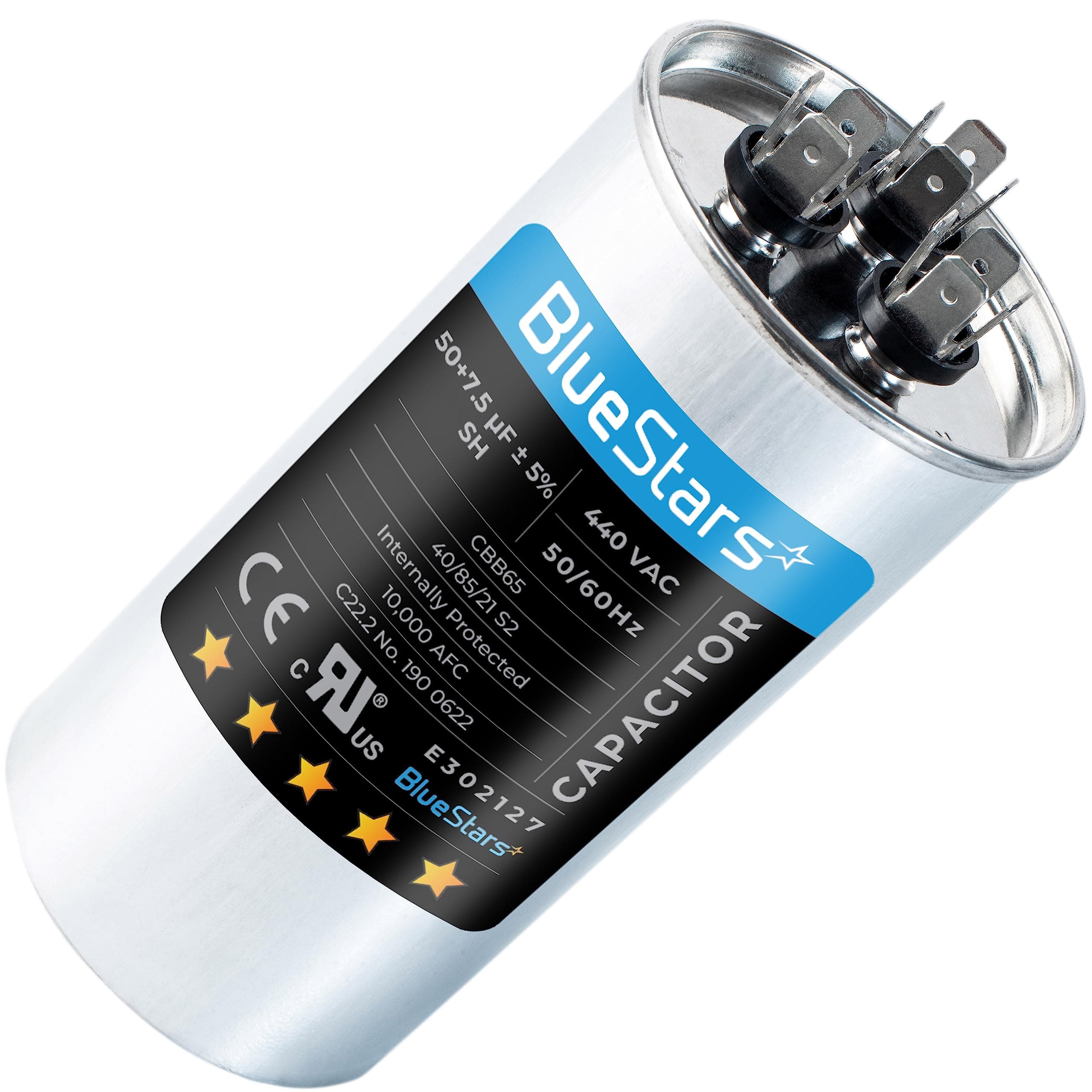 55+7.5 uf MFD ±5% 370 or 440 Volt AC CBB65B Dual Run Round Capacitor by BlueStars - Exact Fit for Condenser Straight Cool or Heat Pump Air Conditioner - Replaces C35575R, TT-CAP-55/7.5/440