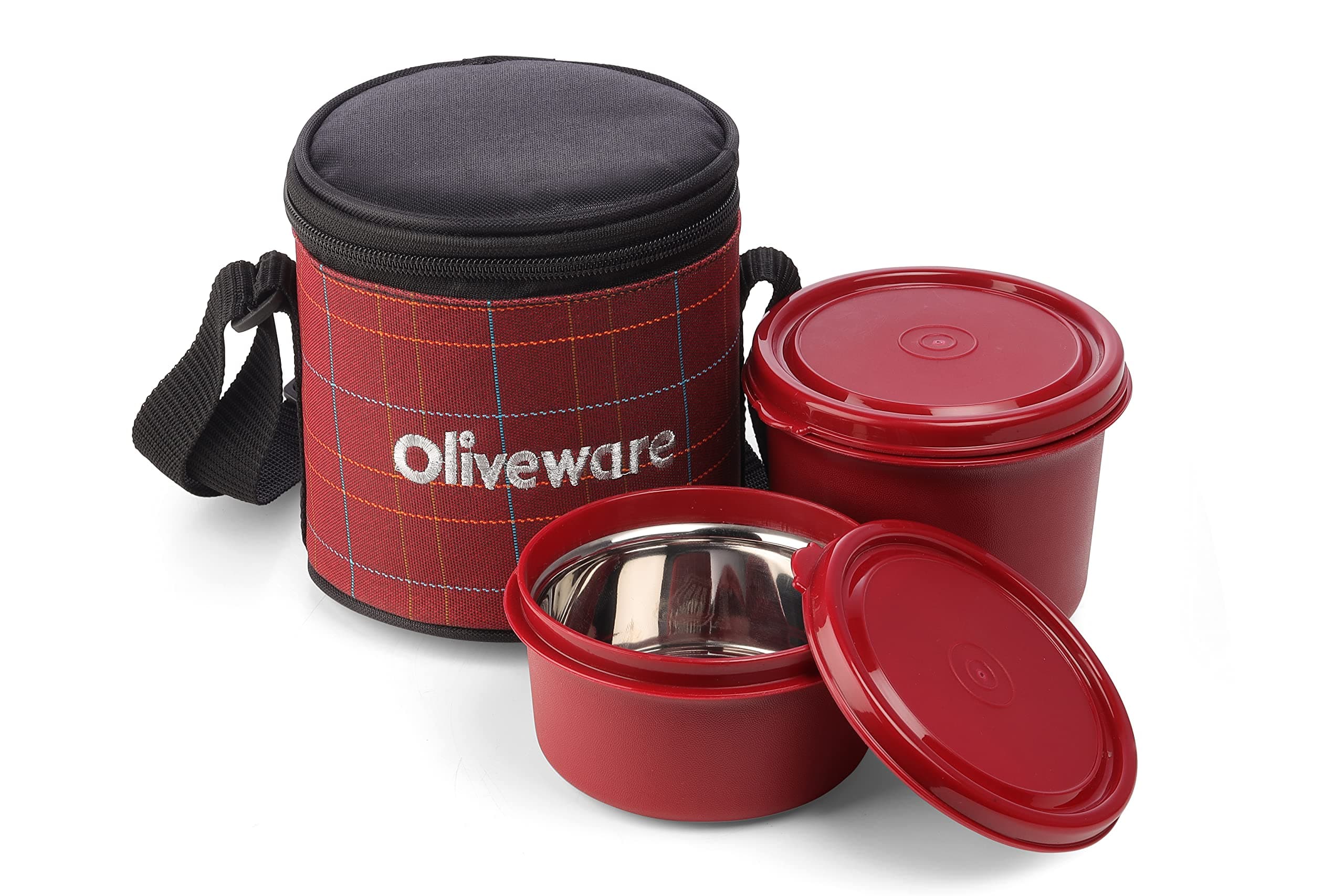 Oliveware Cleo Lunch Box | 2 Stainless Steel Containers | Microwave Safe | Insulated Fabric Bag | Leak Proof | Full Meal (Red)