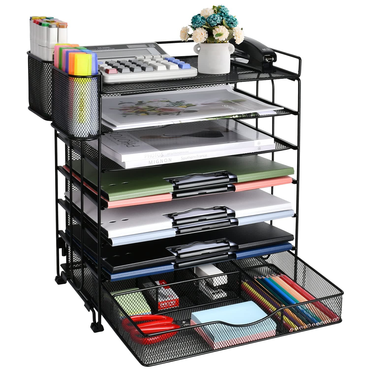 7 Tier Office Desk Organizer with Drawer, Desktop File Organizer, Paper Letter Tray Organizer with Drawer and 2 Pen Holders, Mesh Office Supplies Desk Organizer for Office School Home Supplies