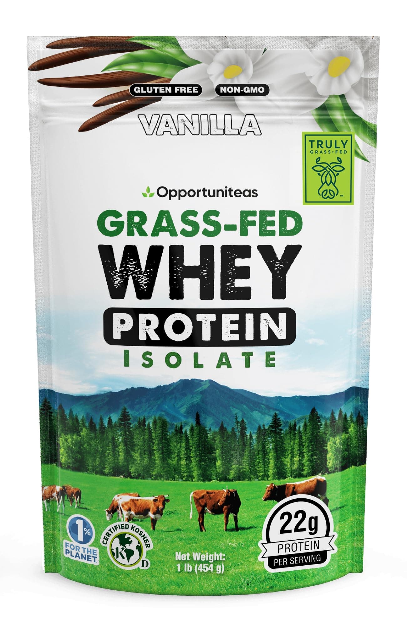 Opportuniteas Grass Fed Vanilla Whey Isolate Protein Powder – 22g Protein, Heavy-Metal Tested, Organic Cane Sugar & Organic Vanilla Flavor, Non-GMO, Hormone-Free, Sourced from Ireland, 1lb