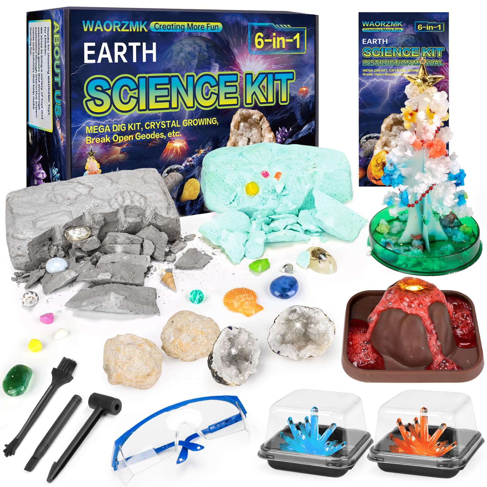 6-in-1 Science Experiments Kits for Kids Age 4-14, STEM Geology Educational Toys Gifts for Boys Girls, Mega Gemstone Fossil Dig Kit, Volcano Eruption, Open Geodes, Crystal Growing Kit
