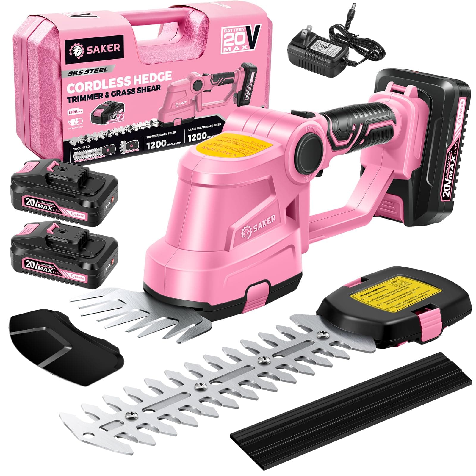 Cordless Hedge Trimmer-20V Electric Shrub Trimmer Grass Shears Handheld Grass Cutter, Hedge Shear with 2 PCS Rechargeable Battery and Charger for Garden, Lawn(Pink)