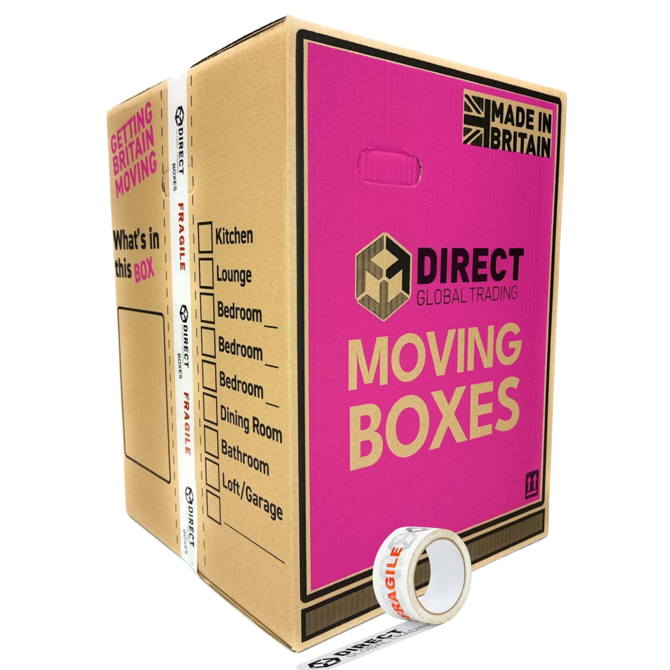 10 Strong Extra Large Tall Strong Cardboard Storage Packing Moving House Boxes with Carry Handles and Room List Fragile Tape 60cm x 44cm x 44.5cm 115 Litres