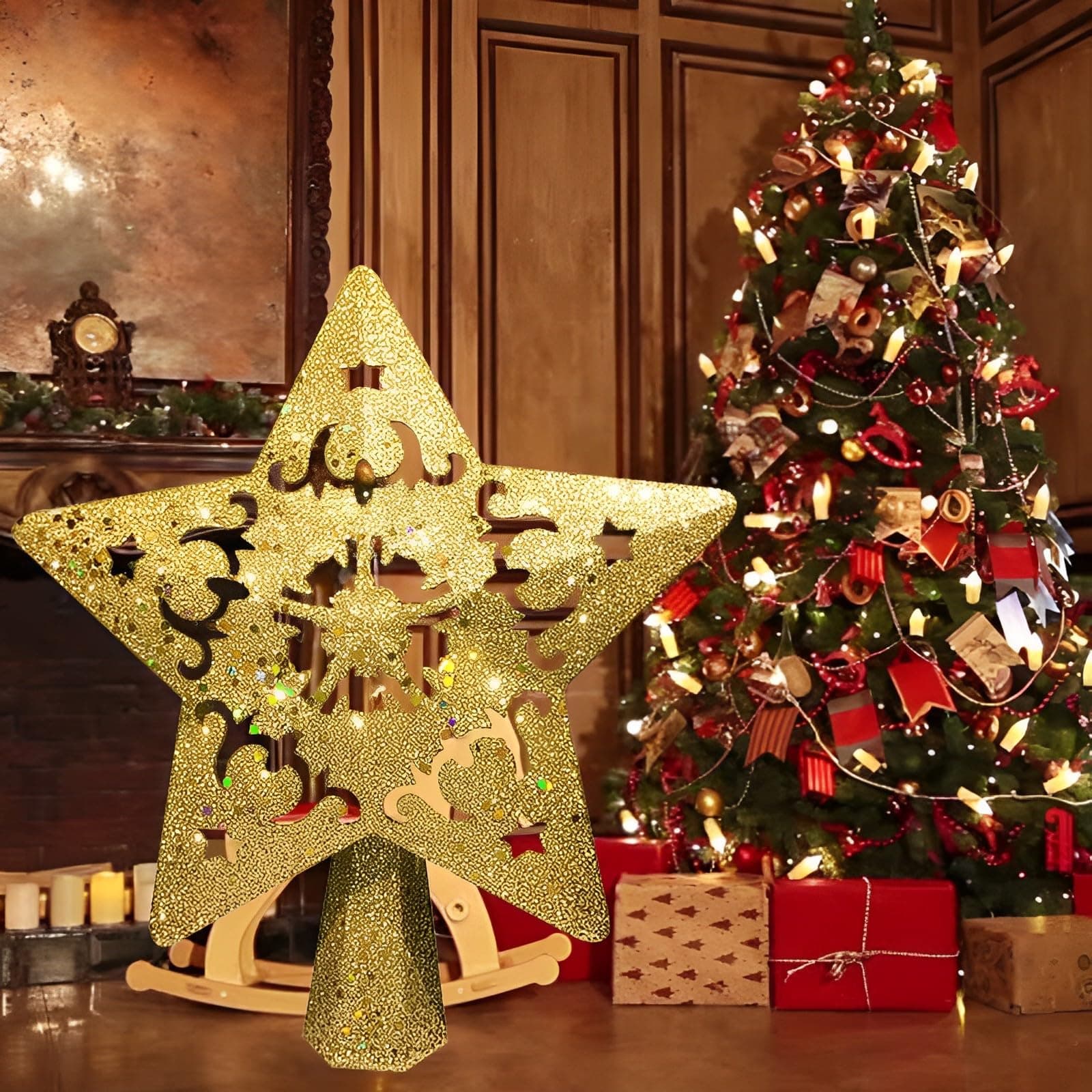Christmas Star Tree Topper with Built-in Led Snowflake Projector Lights Hollowed Pentagram Tree Topper,Christmas Tree Decoration for Indoor Offices (Golden)