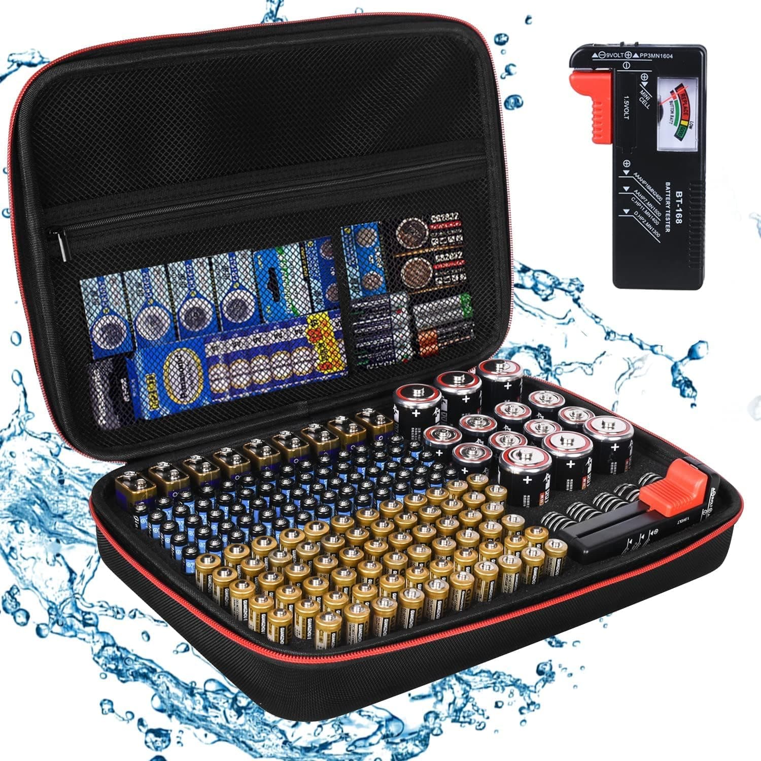 Battery Organizer Holder Storage Case with Tester,Waterproof Carrying Case Bag,Battery Vault Box for Garage Organization Holds 199+ Batteries AA AAA C D 9V (Batteries are Not Included)