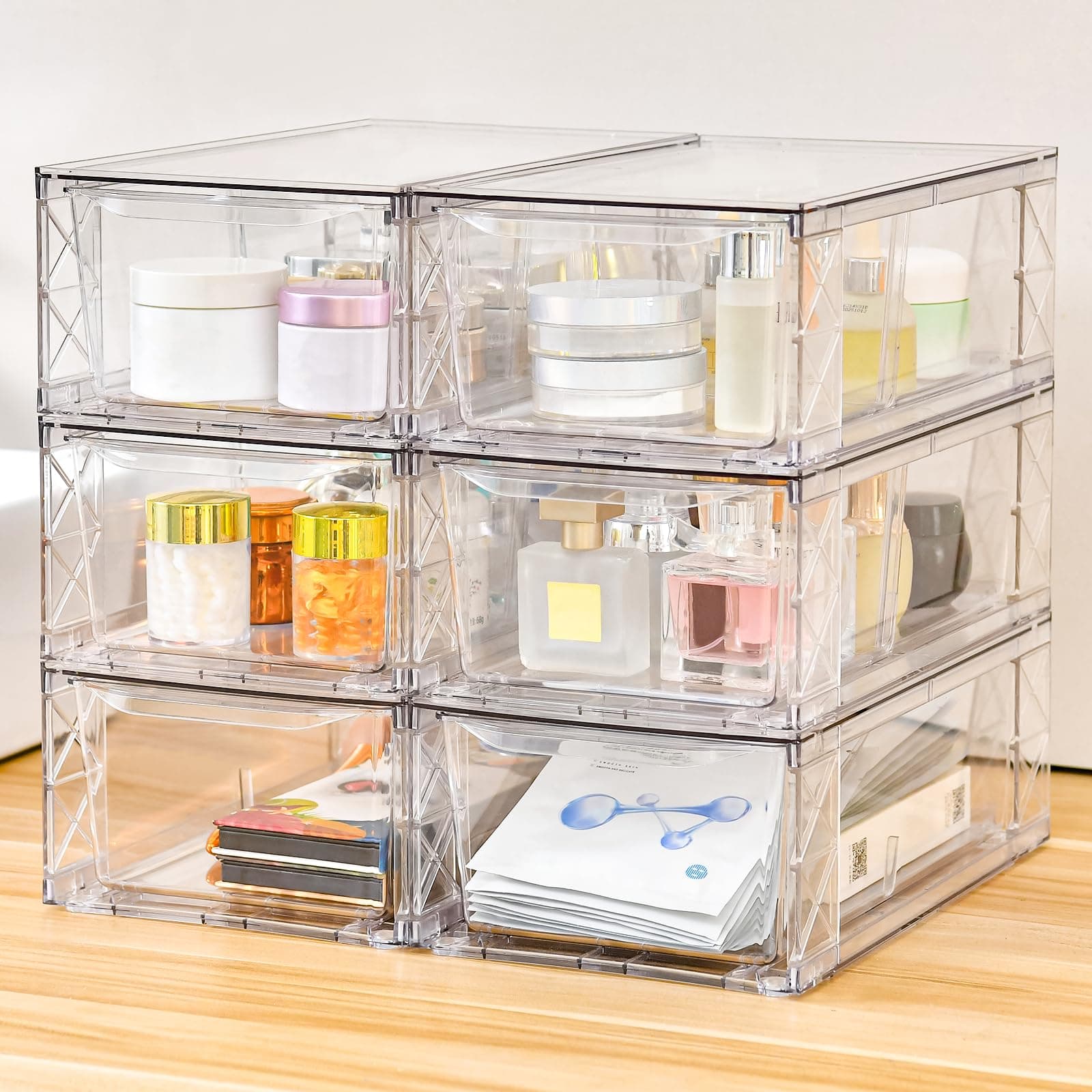 Plastic Drawers Storage, 6Pack Clear Stackable Storage Drawers, Acrylic Storage Bins with Drawers for Fridge Organizers, PlasticDrawers Stackable for Makeup Organizers Cosmetic Display, Medium