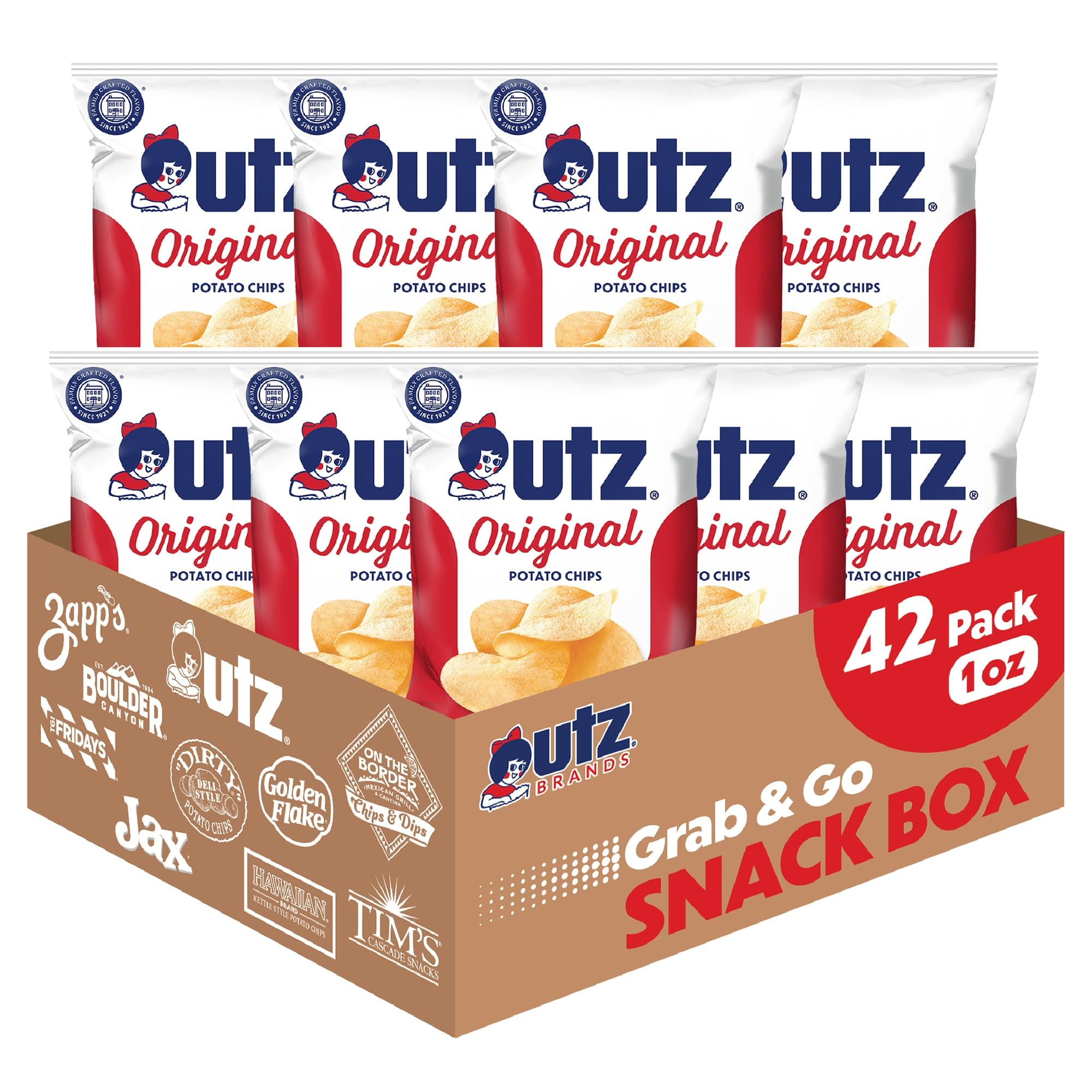 Utz Original 1 Oz Bags, 42 Count Crispy Potato Chips Made from Fresh Potatoes, Crunchy Individual Snacks to Go, Cholesterol Free, Trans-Fat Free, Gluten Free Snacks, brand is Utz, variation theme is Flavor that is Original, Size that is 2.63 Pound (Pack of 1).
