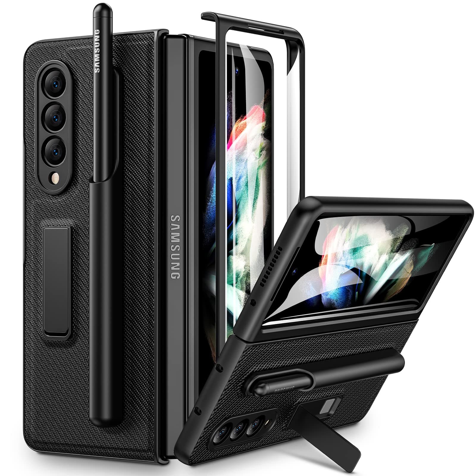 VEGO for Galaxy Z Fold 3 Case with S Pen Holder, Z Fold 3 Built-in Kickstand Case with Screen Protector for Samsung Galaxy Z Fold 3 5G 2021 Released - Matte Black