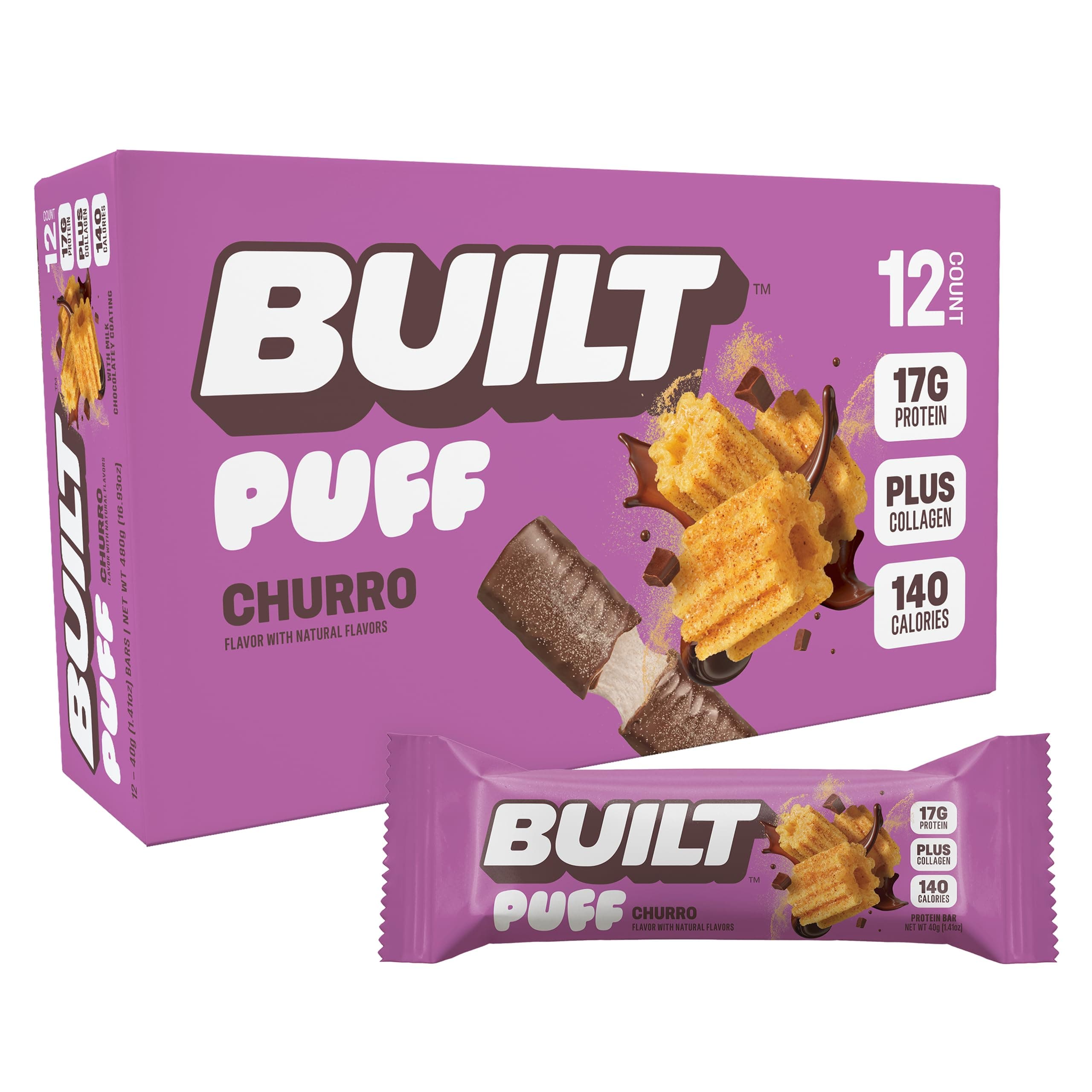 Puff Protein Bars - Churro - 17g Protein Snack Bars with Collagen - Calorie Conscious & Gluten Free - 12 Count