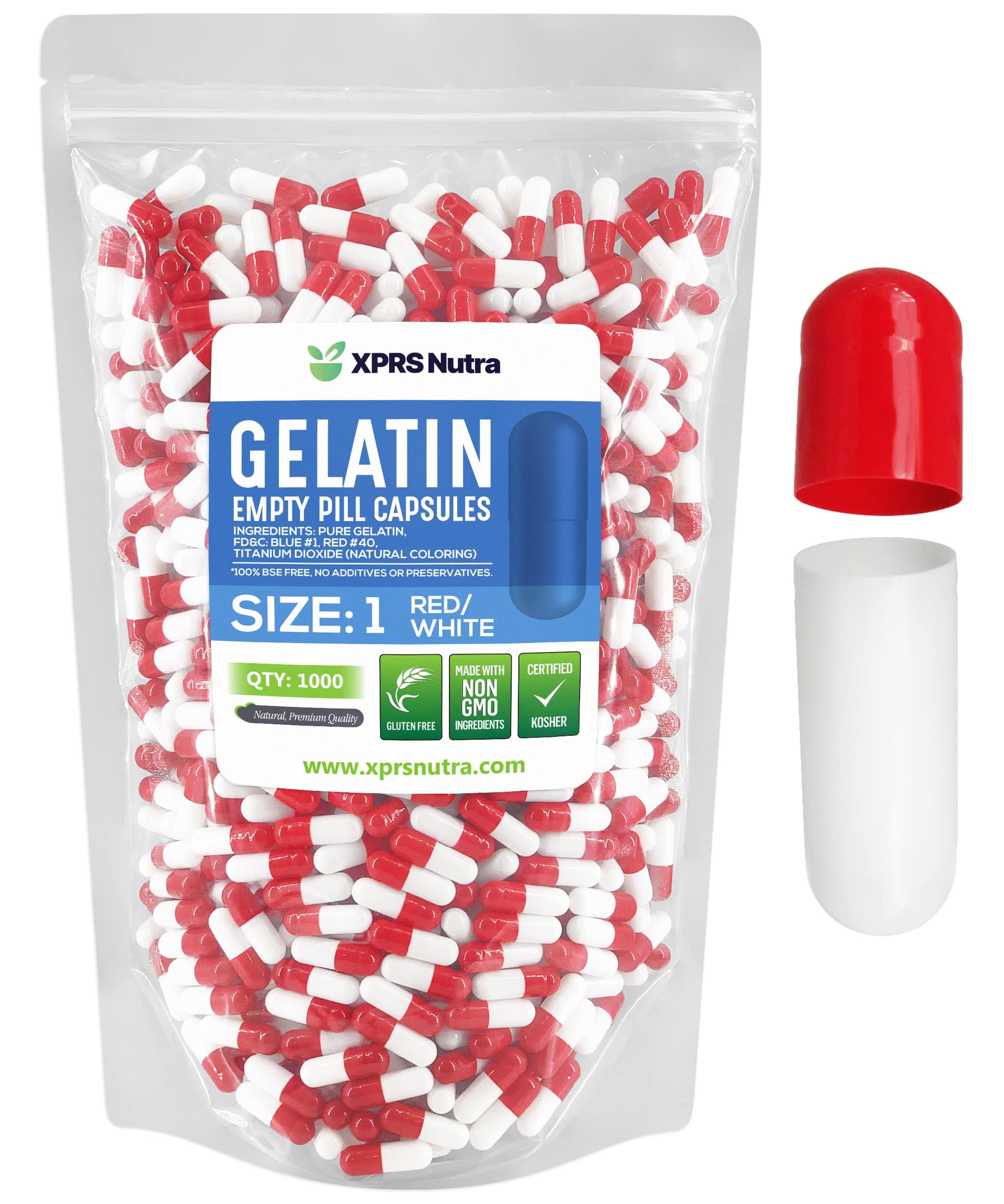 XPRS Nutra Size 1 Empty Capsules - 1000 Count Empty Gelatin Capsules - DIY Capsule Filling - Pure Bovine Pill Gel Caps for Do-It-Yourself Supplements (Red/White)