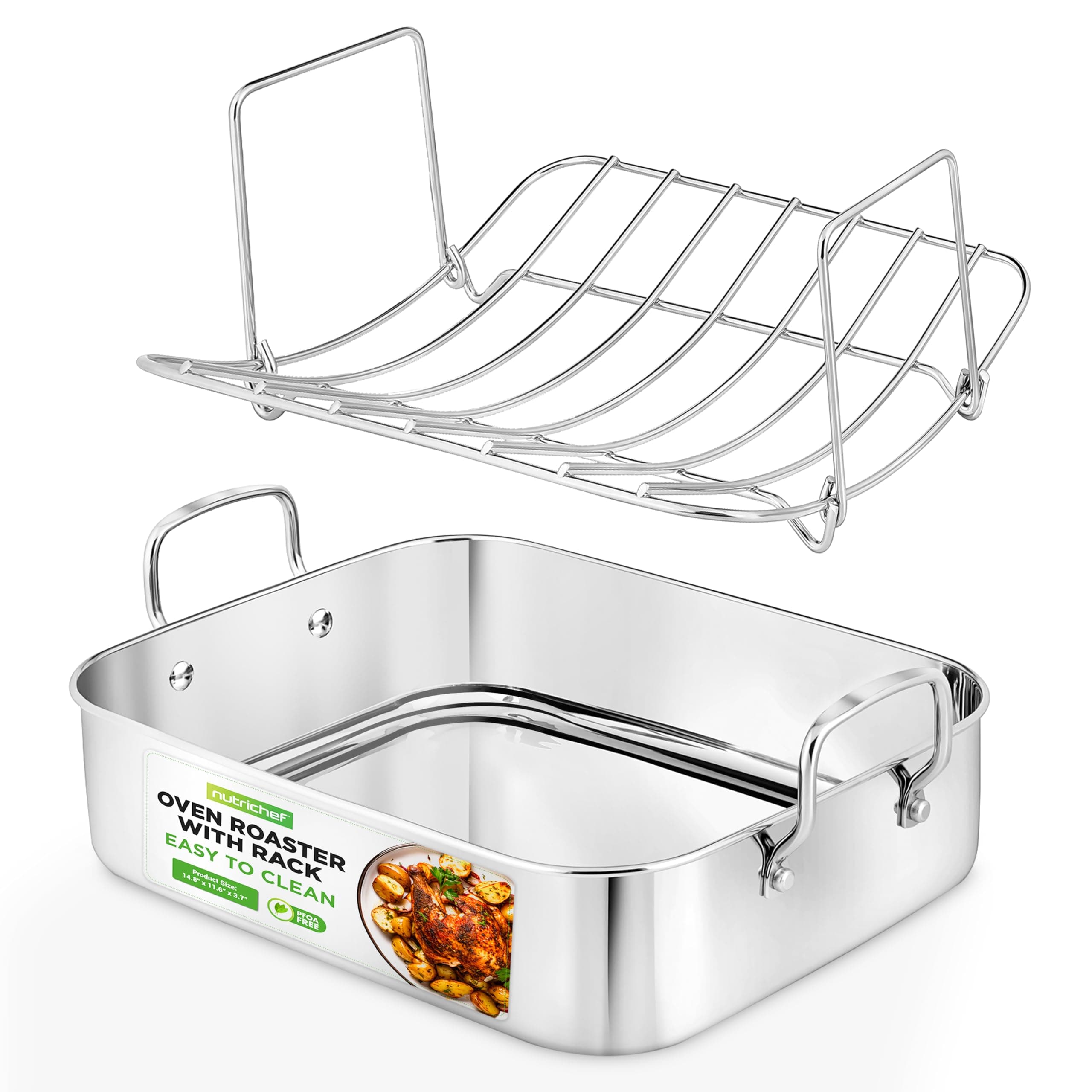 Roasting Pan with Polished Rack, Wide Handle, and Stainless Steel Lid, Turkey Chicken Roasting Pan Great for Thanksgiving Dinners, Tender Roast, Deep Dishes, and More