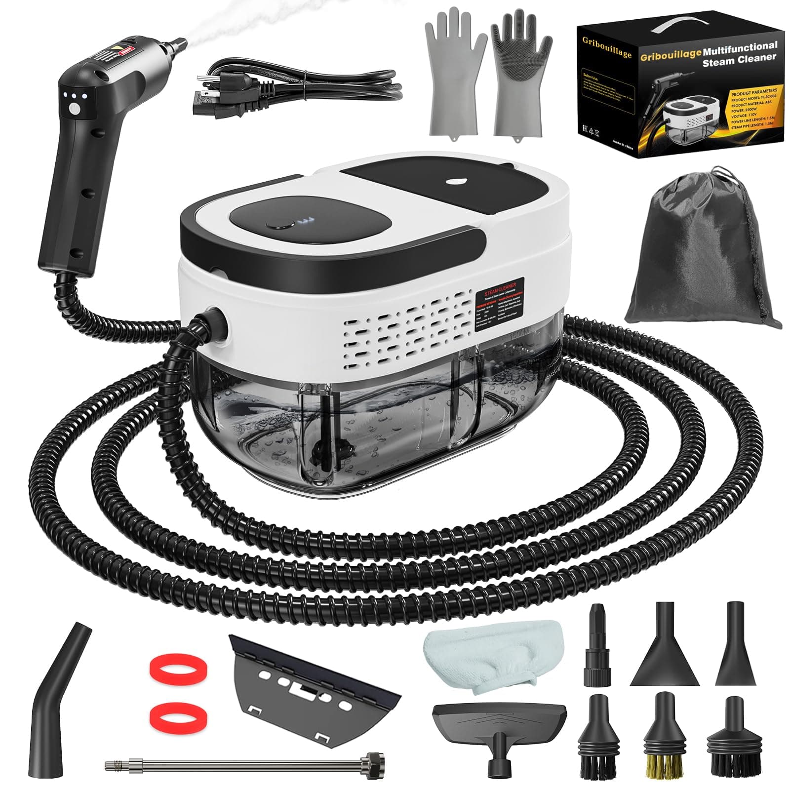 Handheld Steam Cleaner for Home, 2500W High Temperature Pressurized Machine, 1.6L Water Tank, Handle-controlled Steam Output, Portable Cleaning Steamer for Car, Bed Bugs, Furniture, Grout (White)