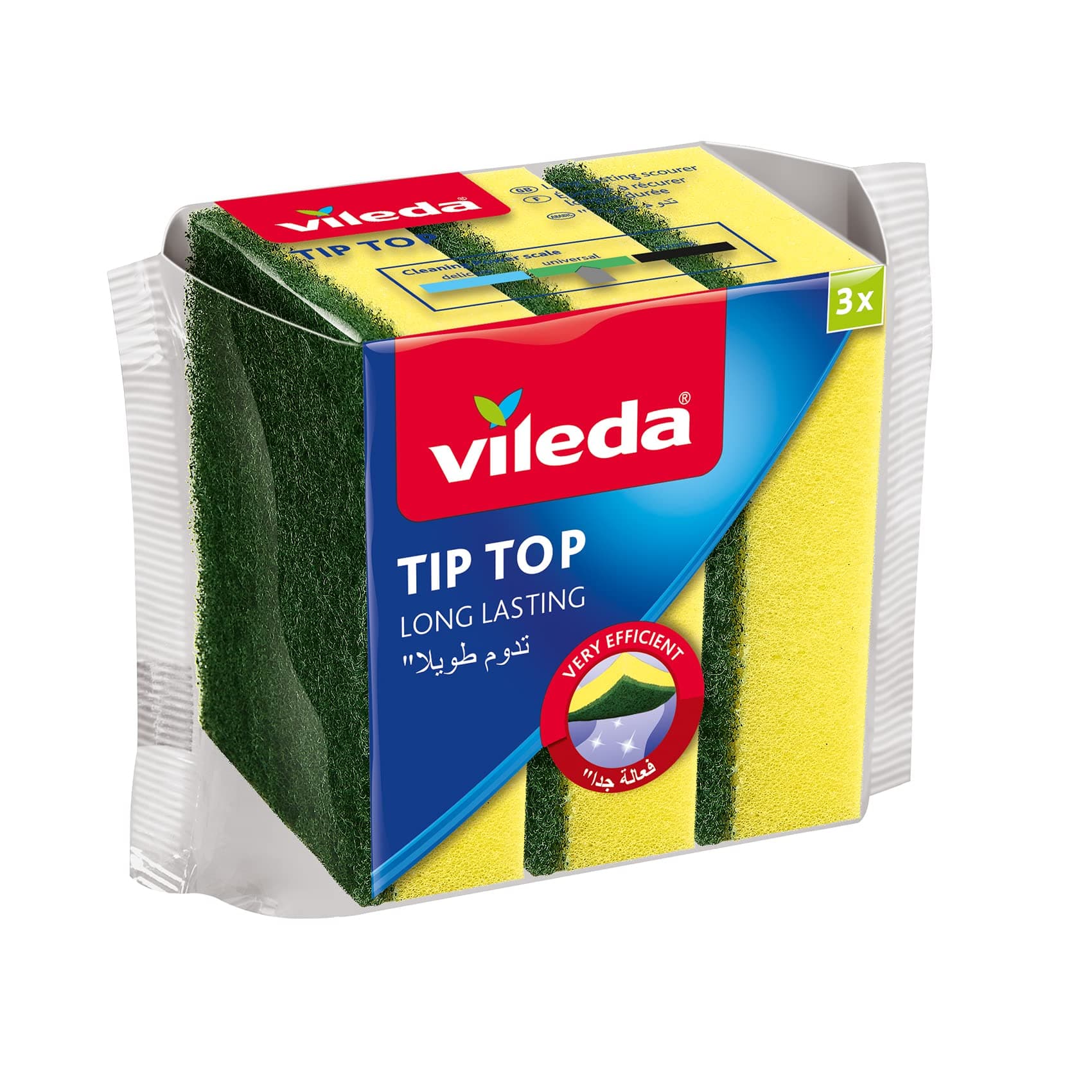Vileda Tip Top Dish Washing Medium Foam Sponge Scourer 3 Pcs, Long-Lasting and Durable, Sensitive Surfaces, Yellow & Green, (3 Pcs Per Pack).
