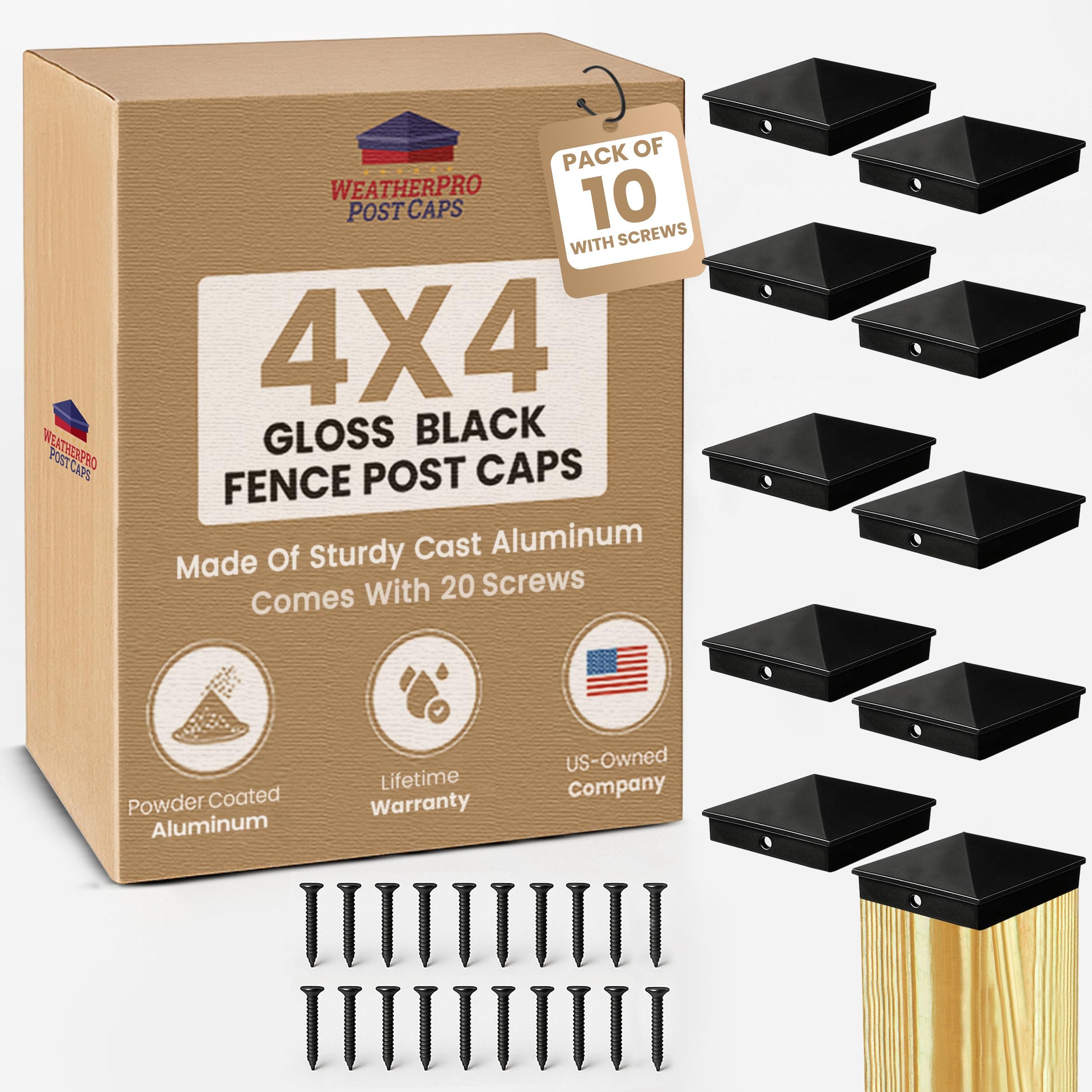 WeatherPRO 4x4 Post Cap Black (Fits 3.5” x 3.5” Wood Post), Gloss Powder-Coated Aluminum, Fence, Mailbox, Dock and Deck Post Topper, Outdoor Rustproof Metal Cover, Sold by U.S. Company (10)
