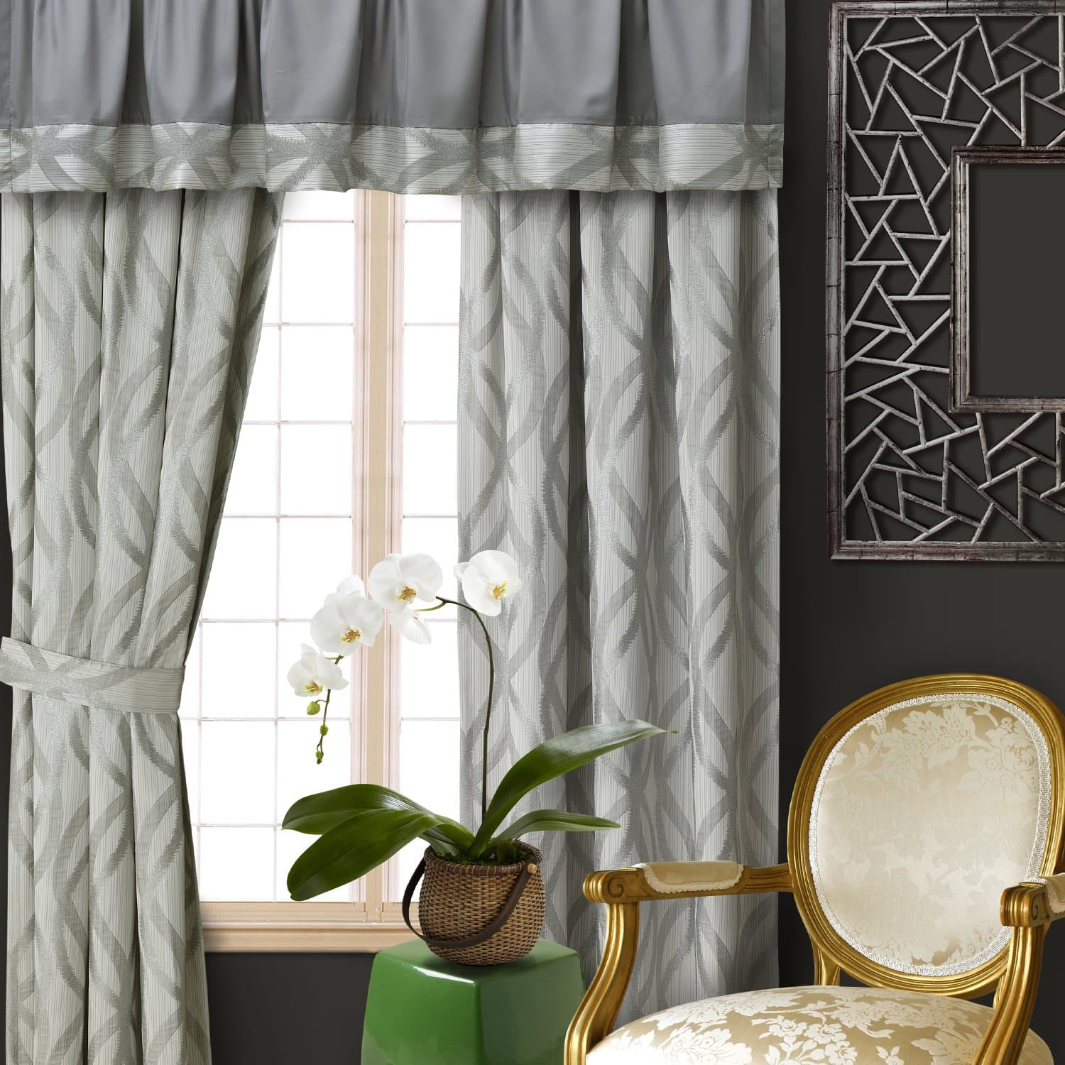 Ac Mandarin Drapes Curtain Tie Backs 4 Piece Set Grey Silver Jacquard