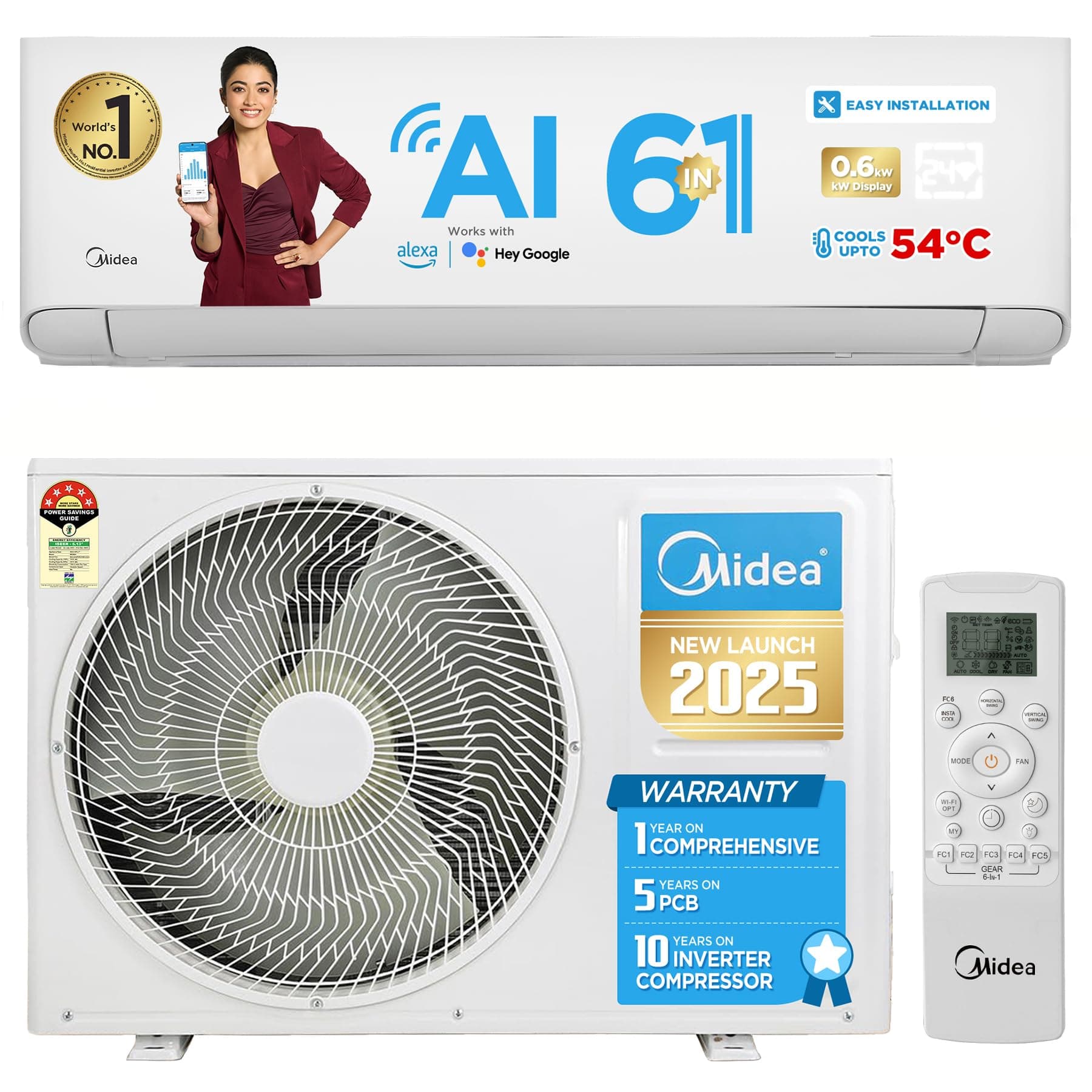 Midea 1 Ton 5 Star, 5 Years Extended Warranty*,AI+ Wi-Fi Smart Inverter Split AC (Copper, Convertible 6-in-1,KW Display, PM 2.5 Filter,4 Way Swing,Santis Pro-X RYL (Wi-Fi), MAI12SP5R35W0,White)