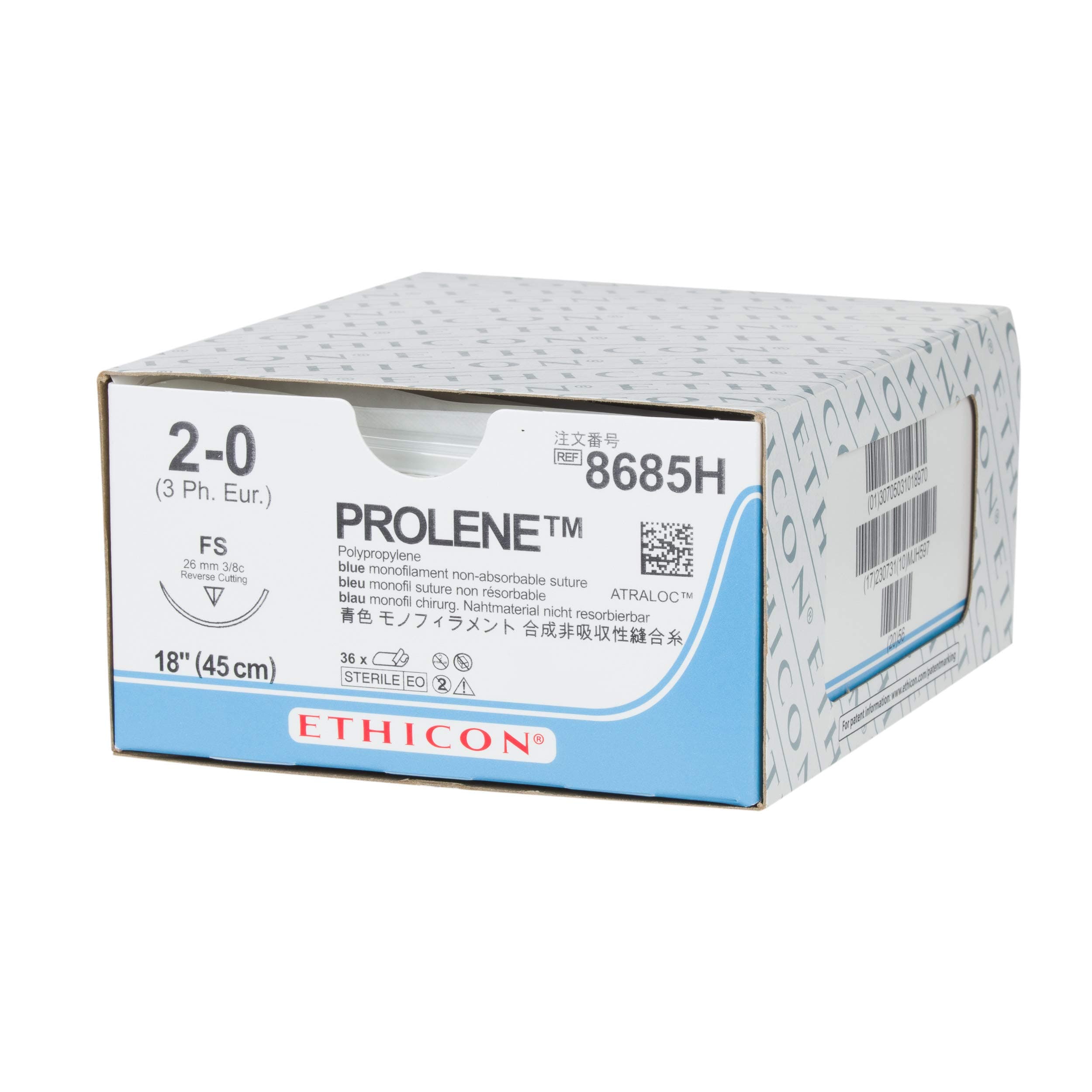 Ethicon PROLENE Polypropylene Suture, 8685H, Synthetic Non-absorbable, FS (26 mm), 3/8 Circle Needle, Size 2-0, 18'' (45 cm)