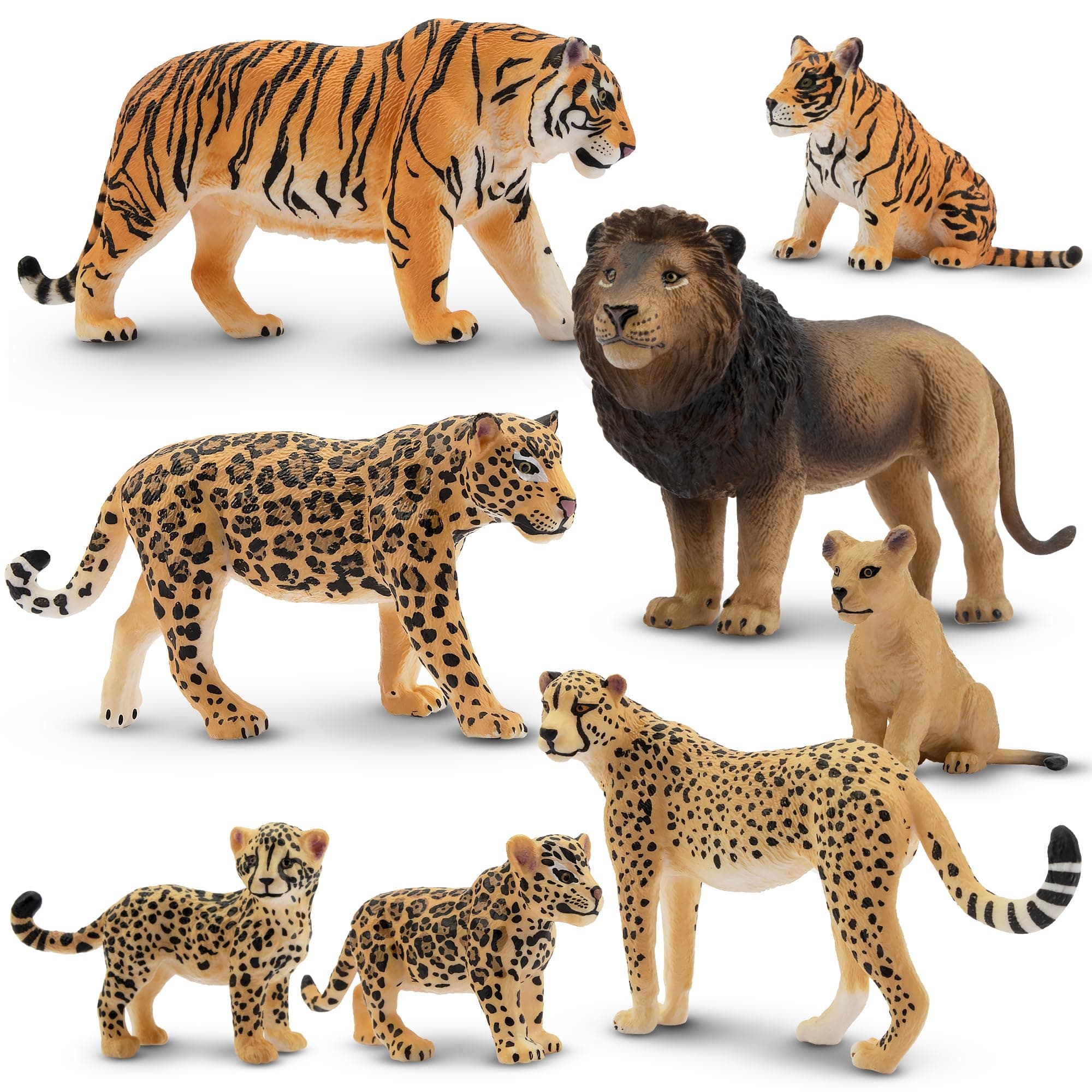 Toymany 8PCS 2-5" Plastic Jungle Animals Figures Playset Includes Baby Animals, Realistic Lion, Tiger, Cheetah, Leopard Figurines with Cubs, Cake Toppers Christmas Birthday Toy Gift for Kids Toddlers