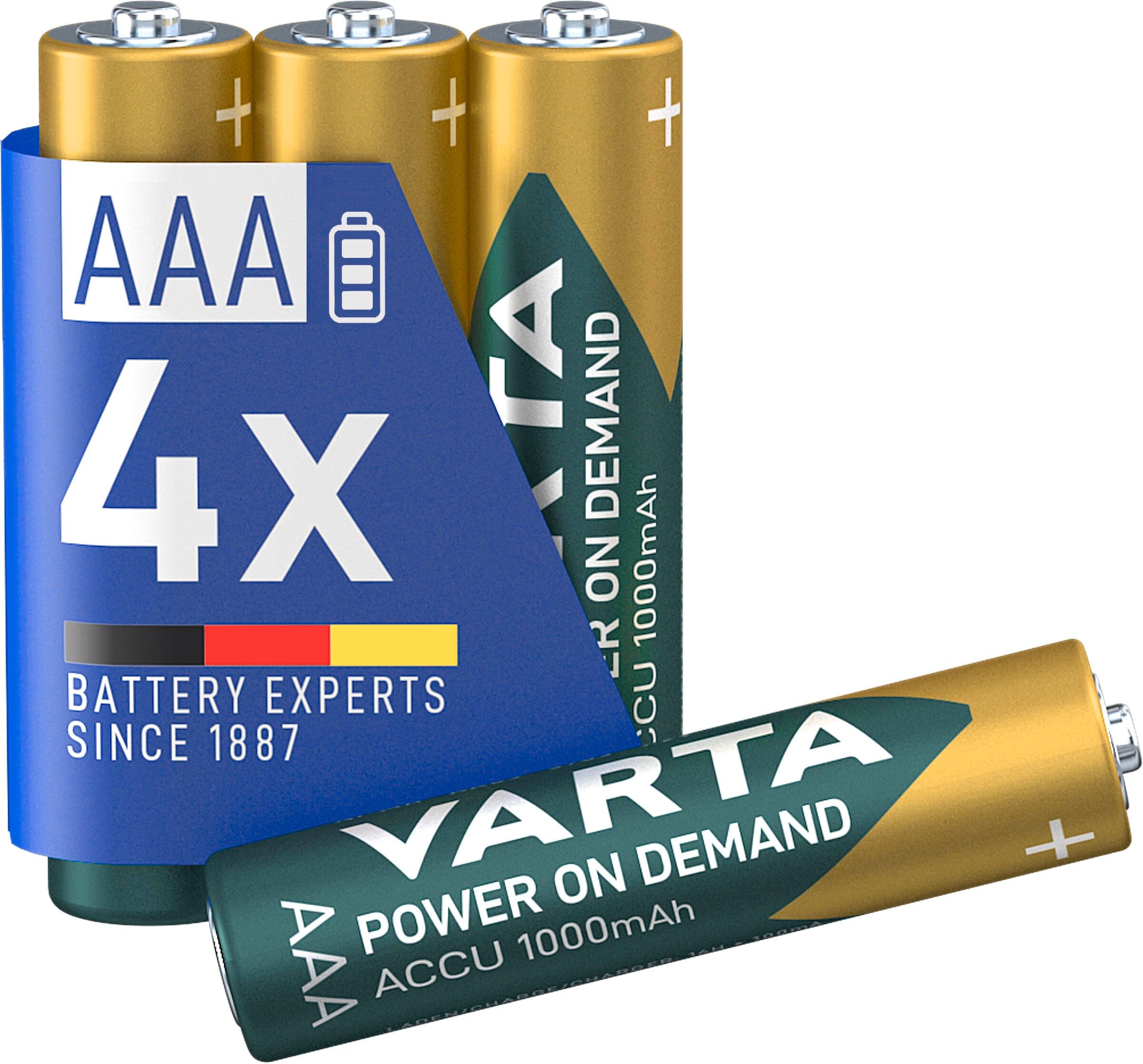 VARTA Rechargeable Ready2Use Pre-Charged AAA Micro Ni-Mh Battery (4-pack, 1,000 mAh), rechargeable without memory effect - ready for immediate use