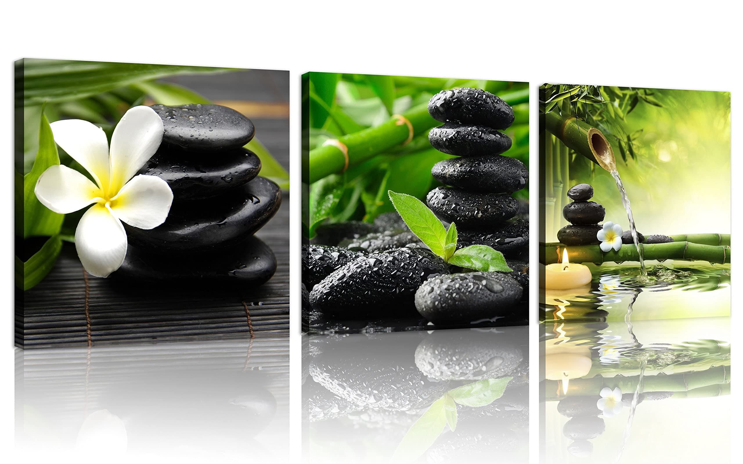 TutuBeer 3 Panel Zen Canvas Wall Art Still Life SPA Stone Green Bamboo White Frangipani Flower Pictures Prints on Canvas for Home Office Kitchen Wall Decor Stretched and Framed Each Panel 12x12inch