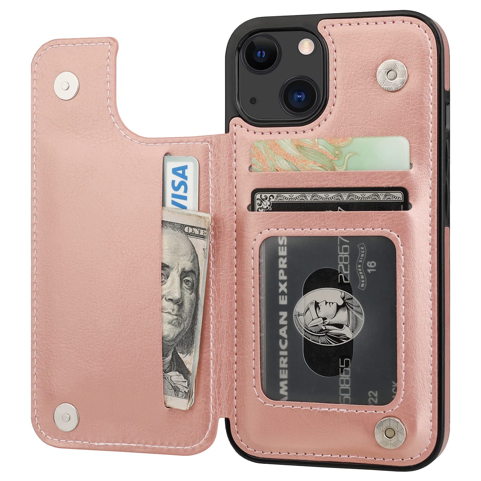 ONETOP Compatible with iPhone 13 Wallet Case with Card Holder, PU Leather Kickstand Card Slots Case, Double Magnetic Clasp Durable Shockproof Cover 6.1 Inch(Rose Gold)
