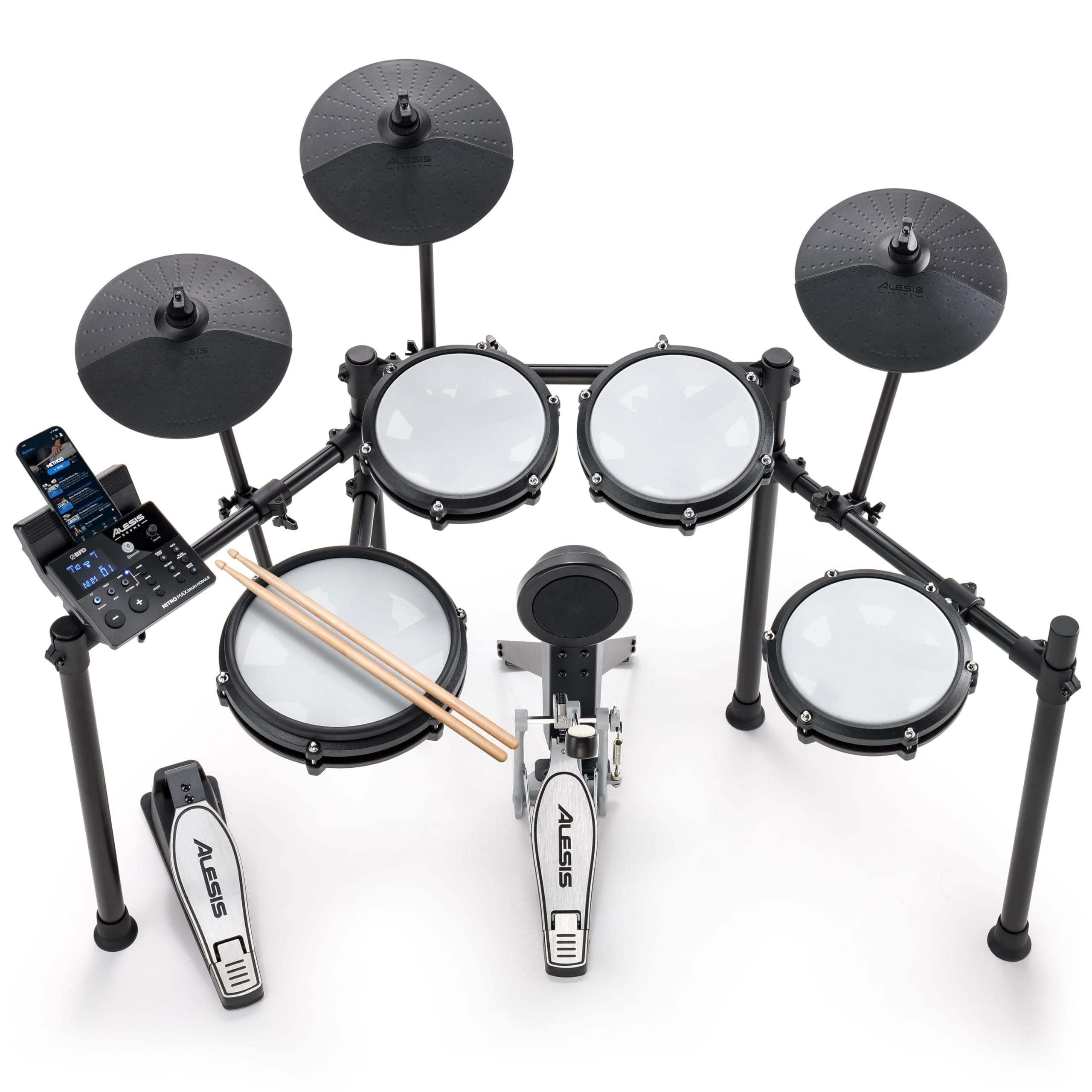 Alesis Nitro Max Kit Compact Electric Drum Kit with Quiet Mesh Pads, 10" Dual-Zone Snare, Bluetooth, 440+ BFD Sounds, Drumeo, USB MIDI, Kick Pedal