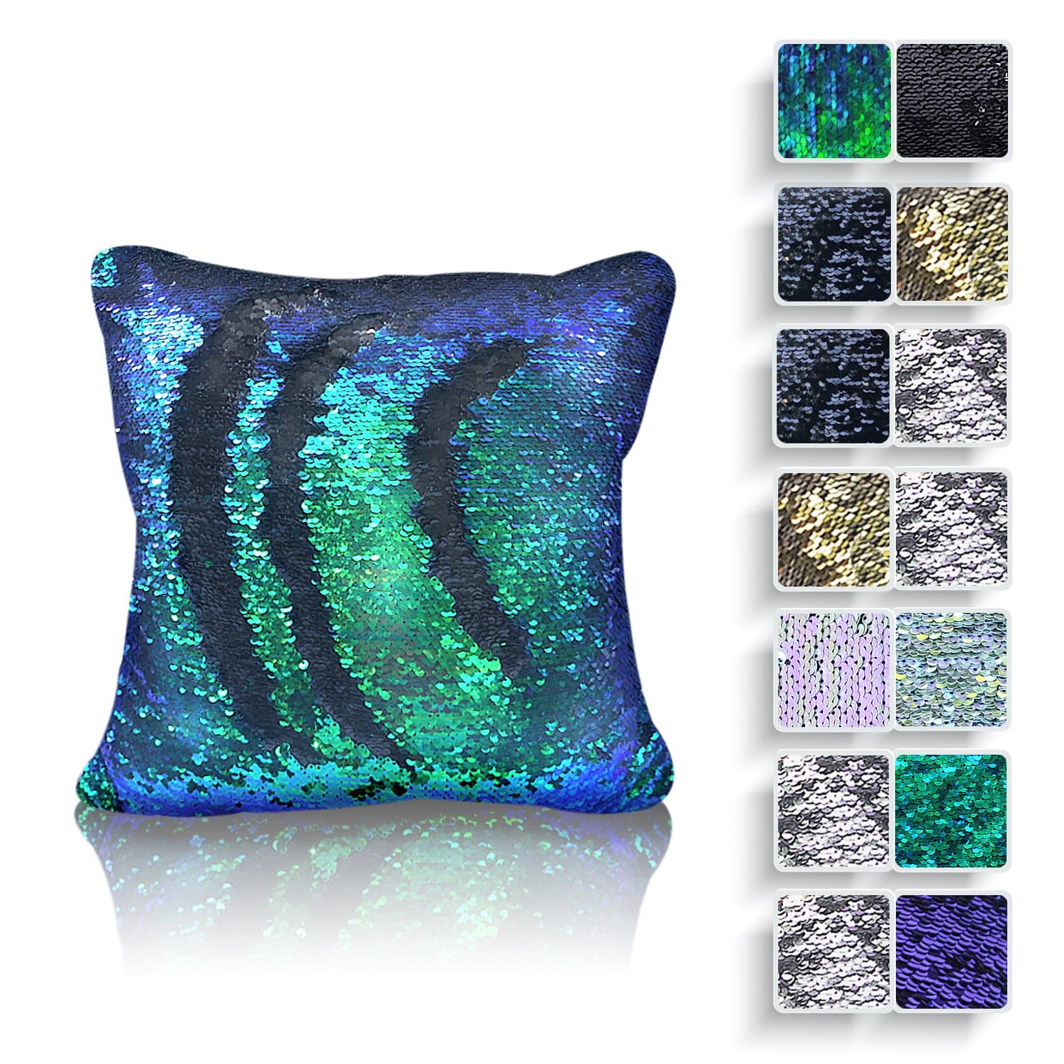 Magic Mermaid Sequin Home Decorative Throw Pillow Cover 16” x 16” - Sequins Front & Back (Green & Blue)