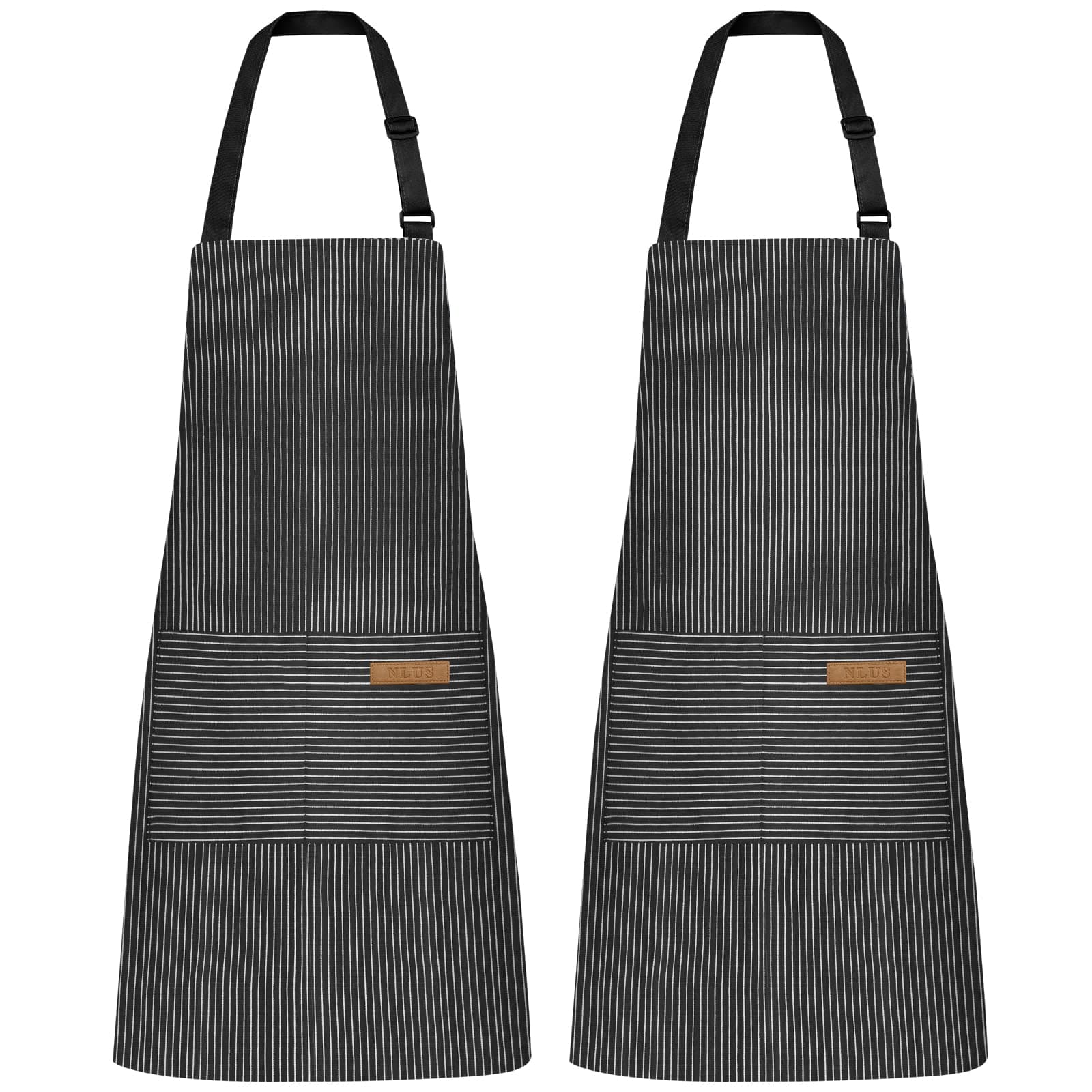 2 Pack Kitchen Cooking Aprons, Adjustable Bib Soft Chef Apron with 2 Pockets for Men Women (Black Pinstripes)