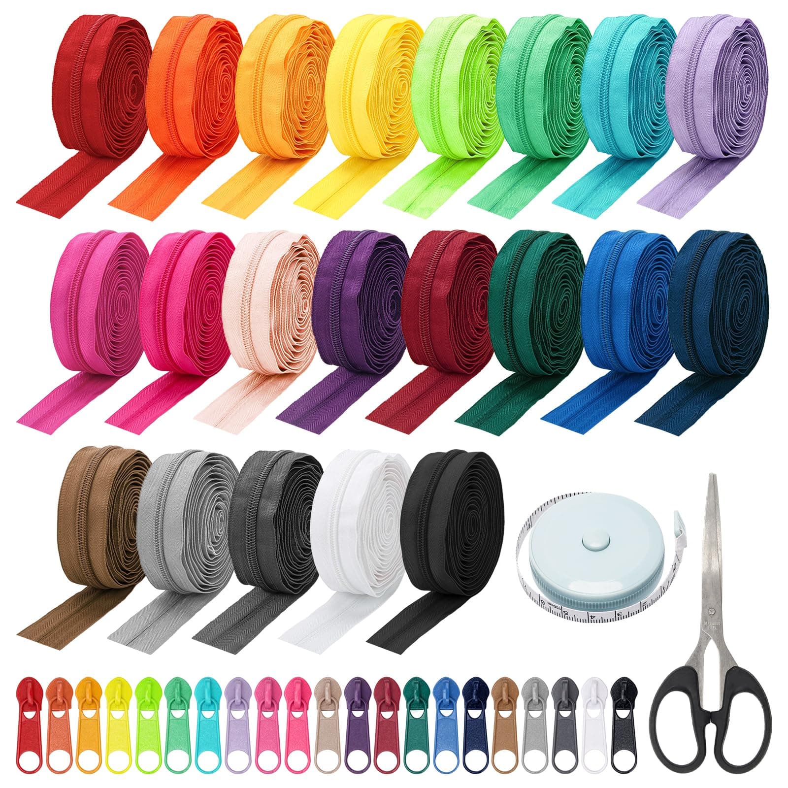 63 Yards 21 Colors #5 Nylon Coil Zippers with Pull 126P, Scissor, Ruler, Assorted Lengths Size 5 Colorful Nylon Coil Zipper by The Yard for Sewing Tape for Clothes, Bag, Purse Making Supplies