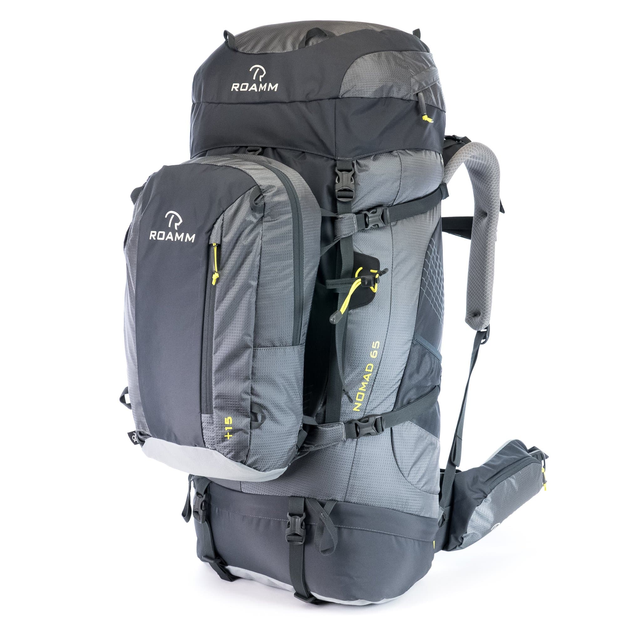 Nomad 65 +15 Backpack - 80L Liter Internal Frame Pack with Detachable Daypack - Best Bag for Camping, Hiking, Backpacking, and Travel - Men and Women, Grey