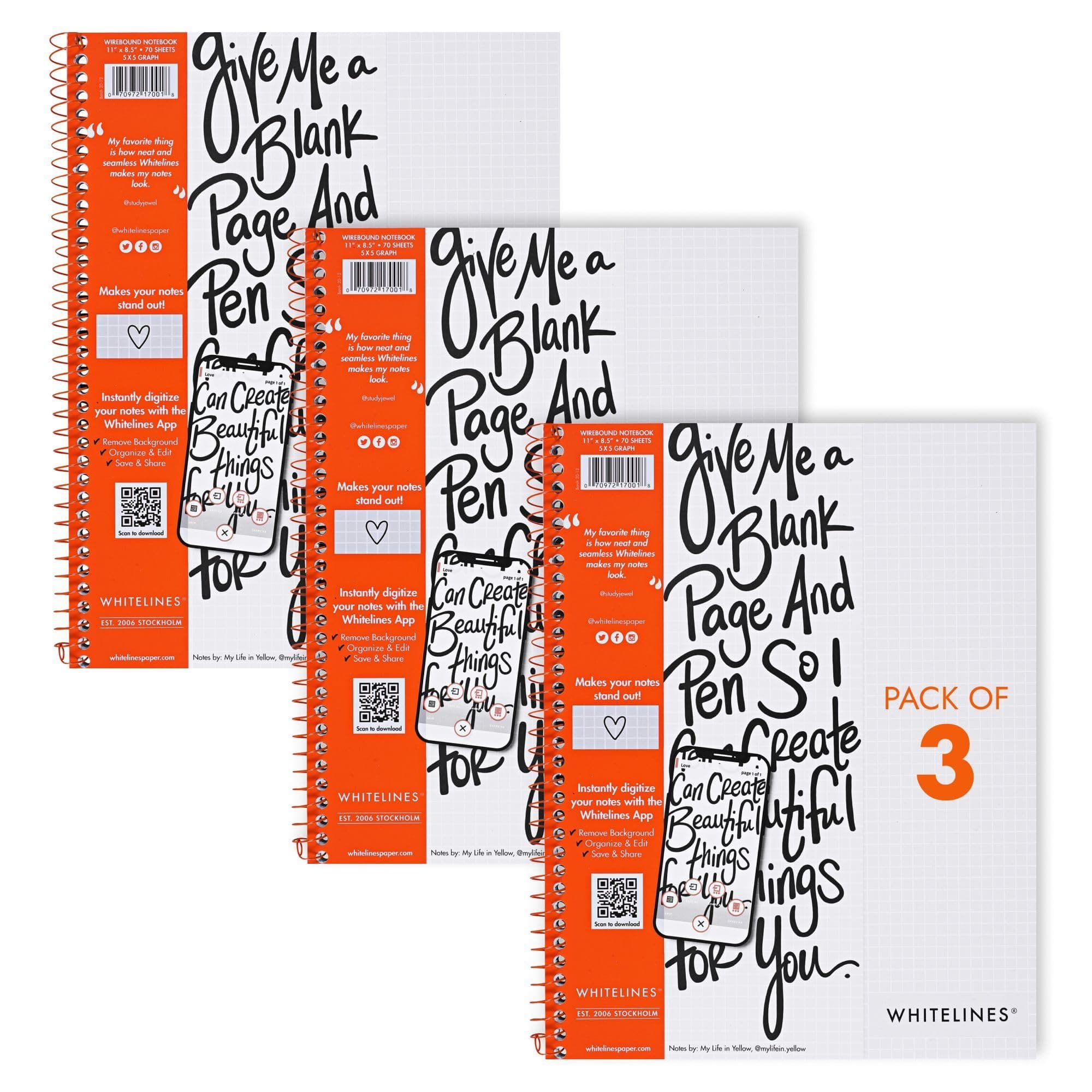 Whitelines Premium Spiral Notebook, 5x5 Graph Ruled, 11" x 8.5", 70 Sheets, Digitally Download Your Notes, Free App, Pack of 3