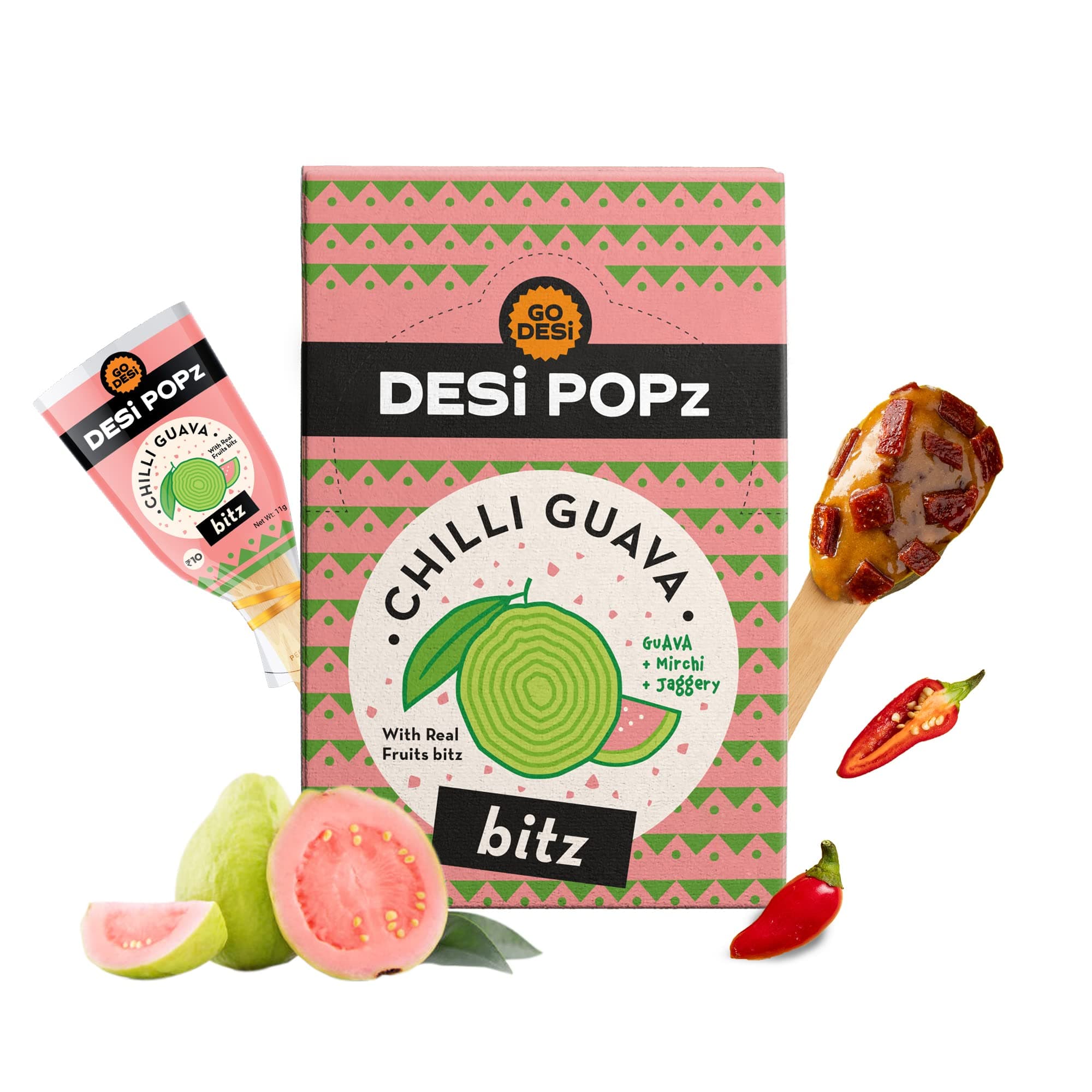 Popz with Bitz - Chilli Guava Pop | Guava & Chilli Candy | Lollipop | Fruit Toffee | Indian Snacks | 50 Pieces | 400g Candy Packet
