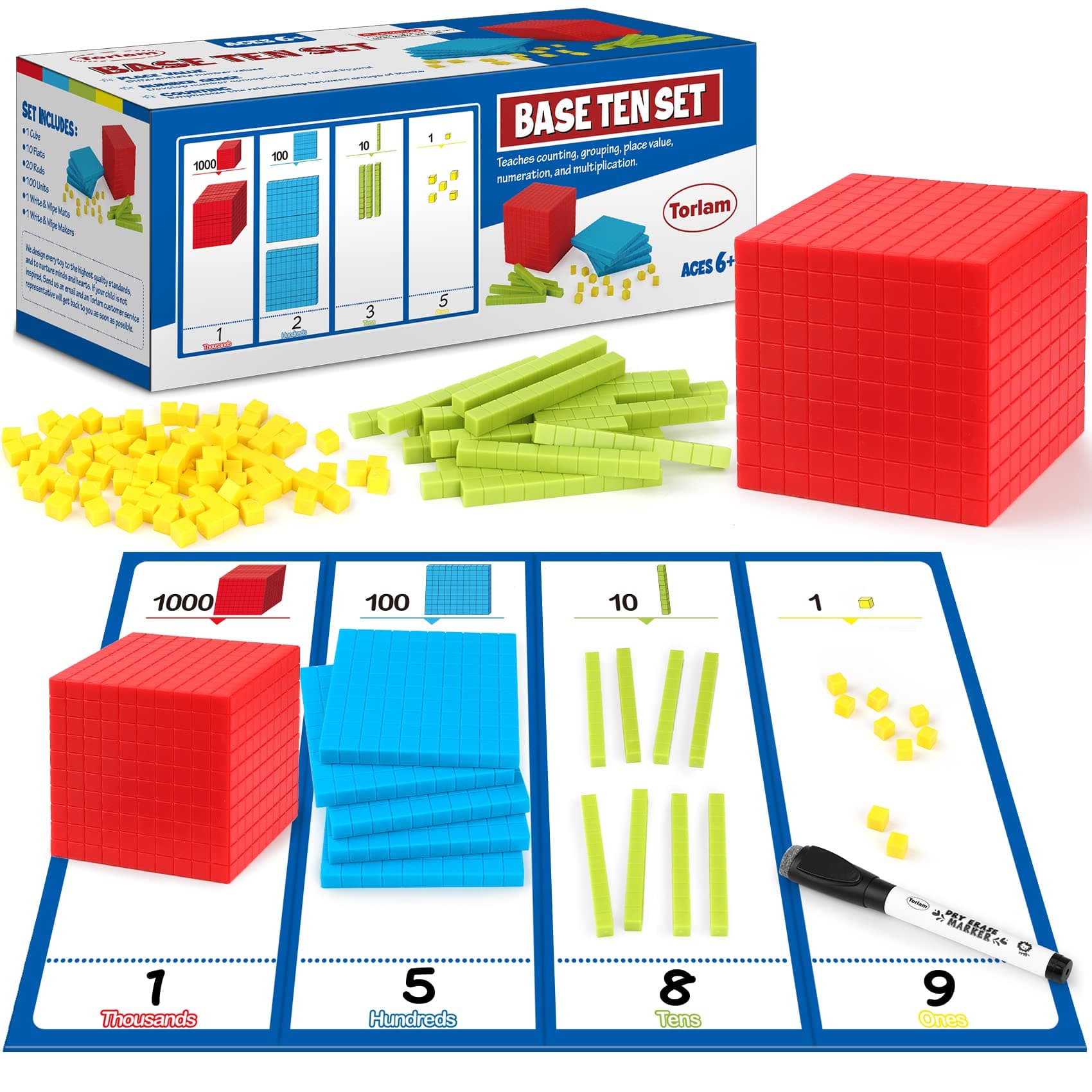 Torlam 131 PCS Base Ten Blocks for Math - Place Value Blocks, Plastic Base 10 Math Manipulatives 1st Grade, Math Counters, Math Cubes, Counting Cubes for Kids Kindergarten Math