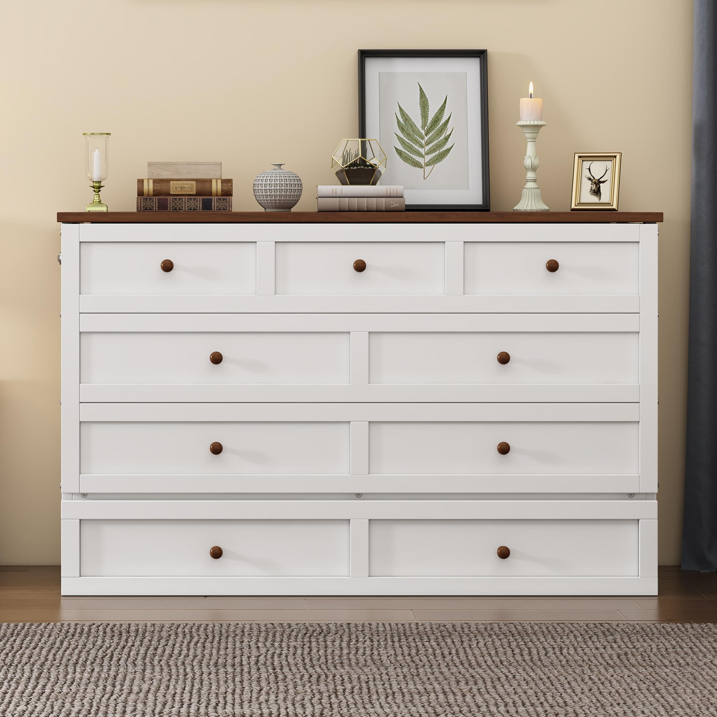 MERITLINE Solid Pine Queen Murphy Bed with Storage Drawer and Charging Station,Wood Folding White Murphy Chest Bed Cabinet for Adults