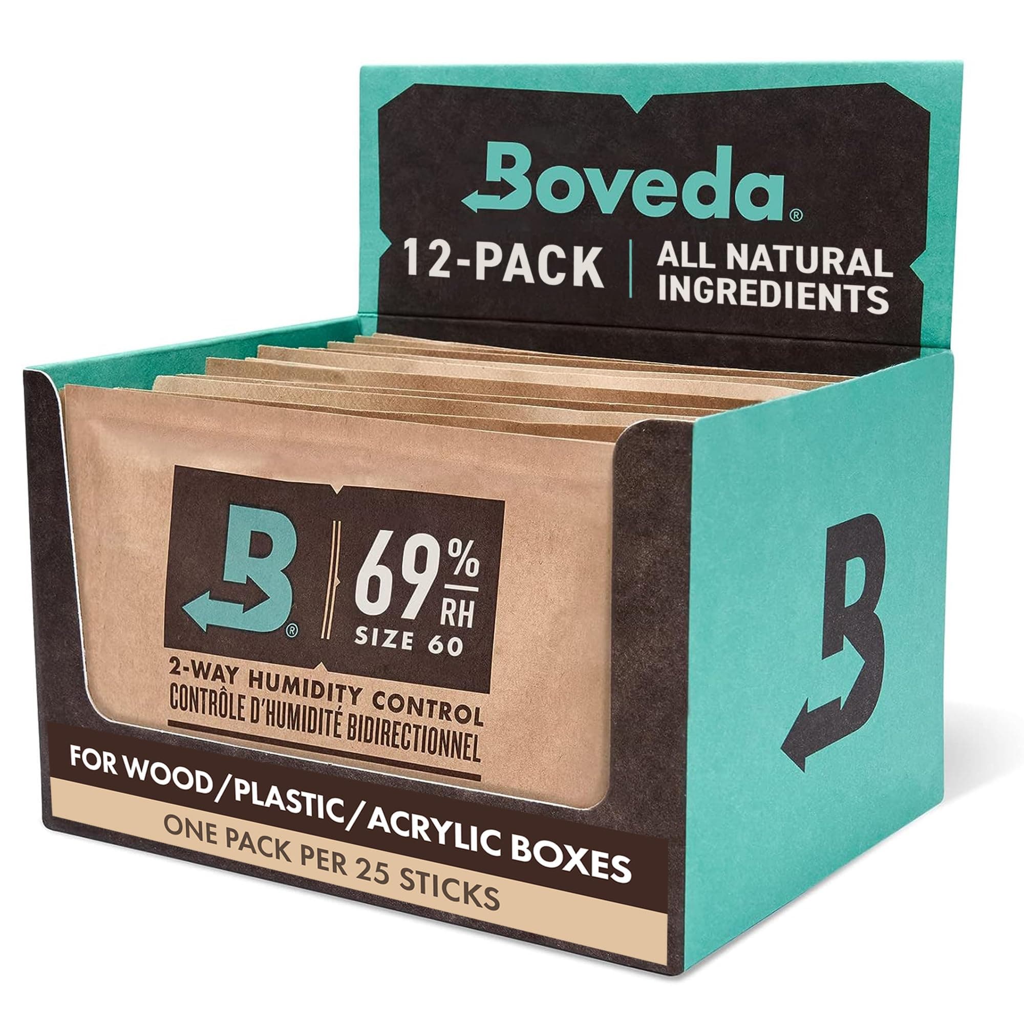 Boveda 69% Two-Way Humidity Control Packs For Plastic & Wood Humidifier Boxes & Zip Lock Bags – Size 60 – 12 Pack – Moisture Absorbers – Humidifier Packs – Individually Wrapped Hydration Packets