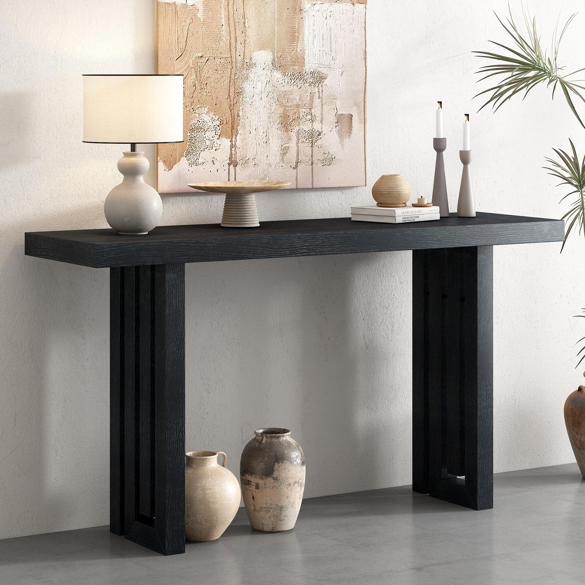Quarte Exquisite Console Table with Distinctive Side Shapes, Oak Veneer Sofa Side Table for Entryway, Hallway, Living Room, Foyer, Corridor (Black/Oak)