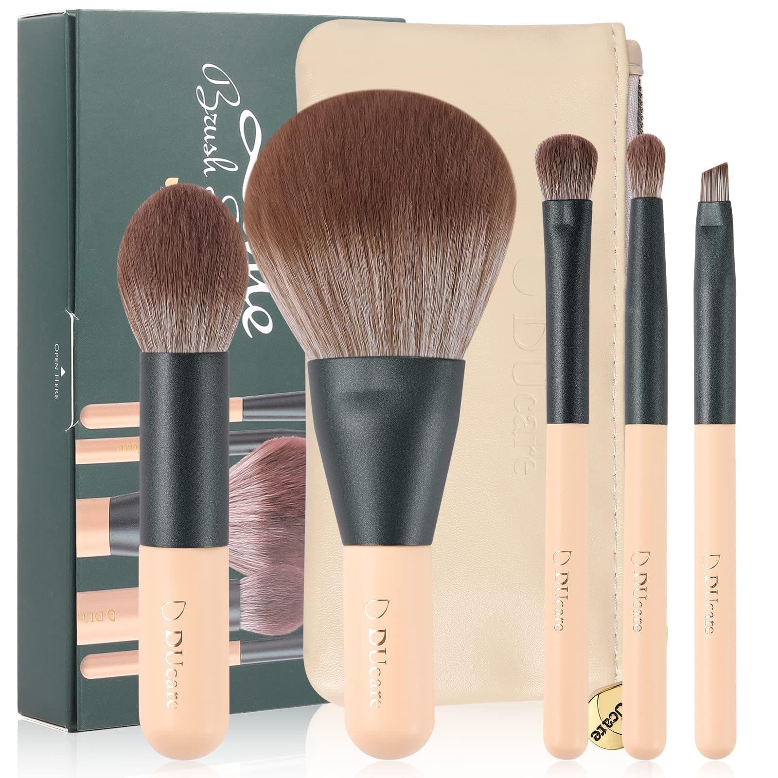 DUcare Portable Makeup Brushes, Set of 5, Includes PU Storage Pouch, Mini Brush Makeup, Premium Fiber Bristles, Fluffy Powder Brush, Blush Brush, Eye Shadow Brush, Eyebrow Brush, Portable Makeup Brush