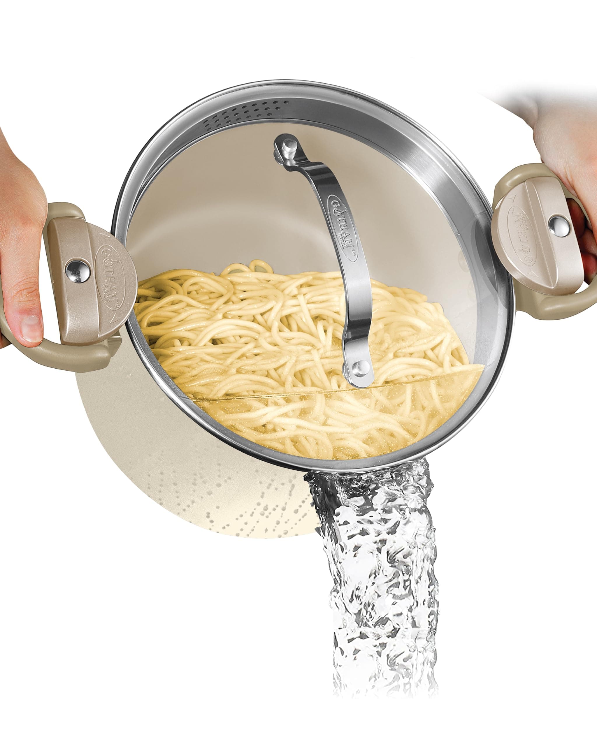 GOTHAM STEEL 5 Qt Ceramic Stock Pot Multipurpose Pasta Pot with Strainer Lid & Twist and Lock Handles, Nonstick Ceramic Pot for Soup, Spaghetti, Rice, Pots for Kitchen, Dishwasher Safe - Cream