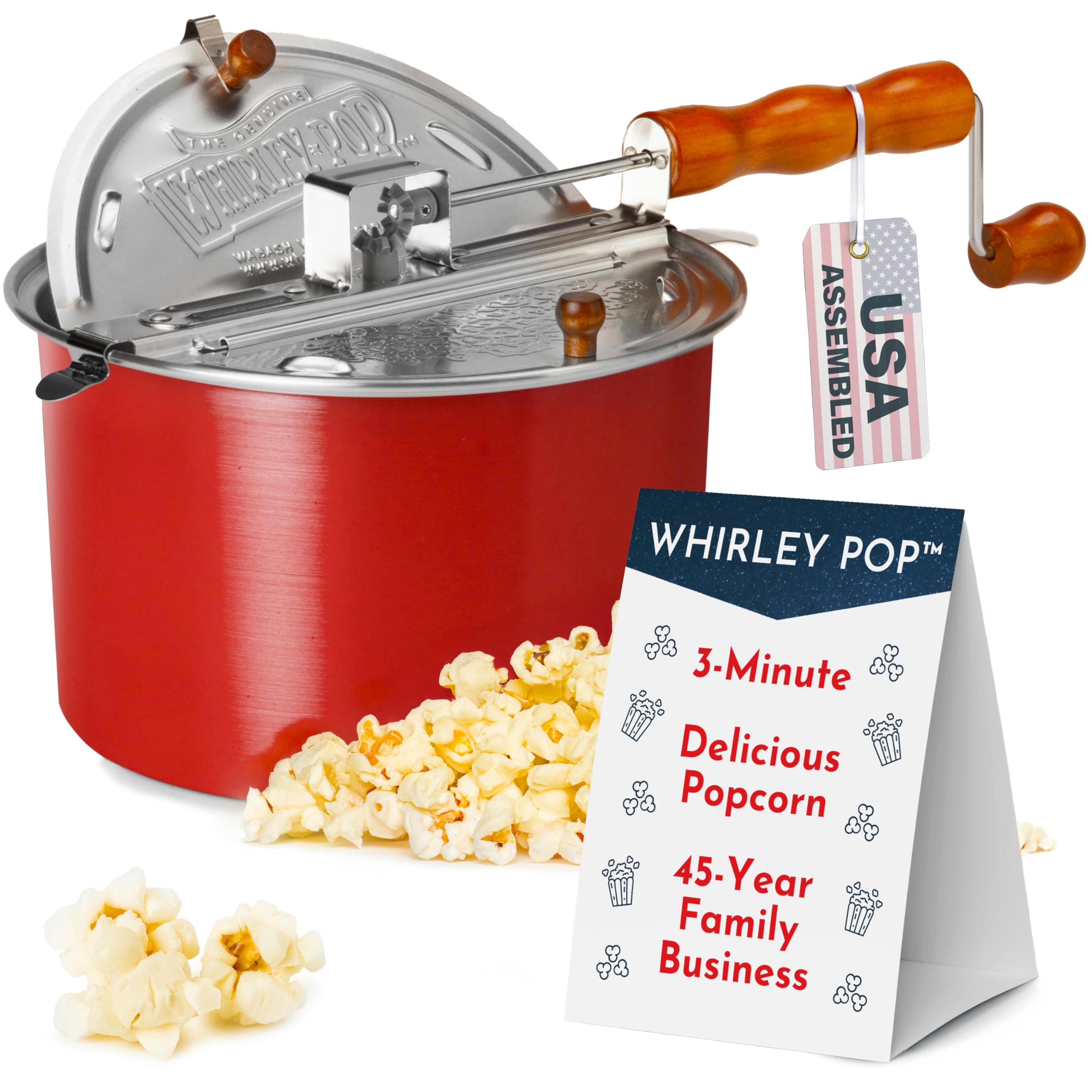 Original Whirley Pop Popcorn Machine – 3-Minute Stovetop Popcorn Maker, Home Movie Night, Movie Snacks, Game Night Snacks – Wabash Valley Farms – Aluminum Pot With Metal Gears – (Red)