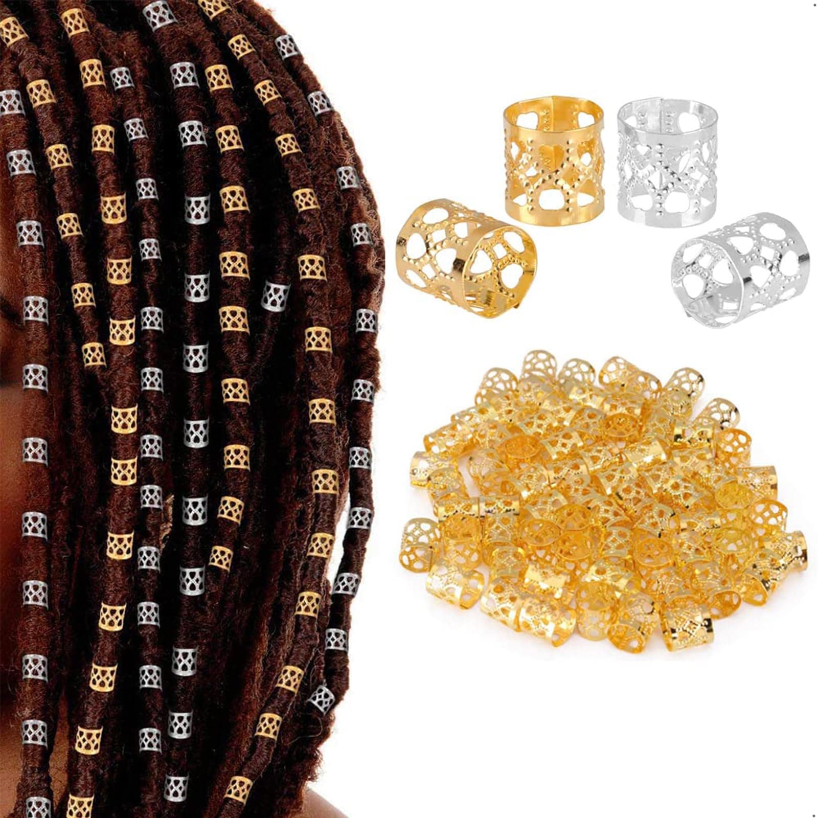 Joyzzz Dreadlocks Beads, 100 Pcs Silver and 100 Pcs Gold Hair Beads Dreadlocks, Hair Jewelry for Women Braiding, Hair Rings Clips Accessories Metal Decoration, Metal hair jewelry for Women Braids