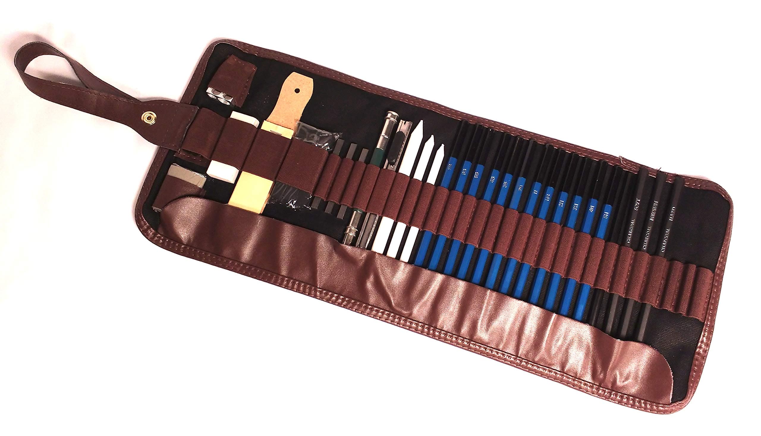 32 pc Sketching Set in Travel Roll Up Case with Charcoal, Drawing Pencils, Sharpeners, and Erasers
