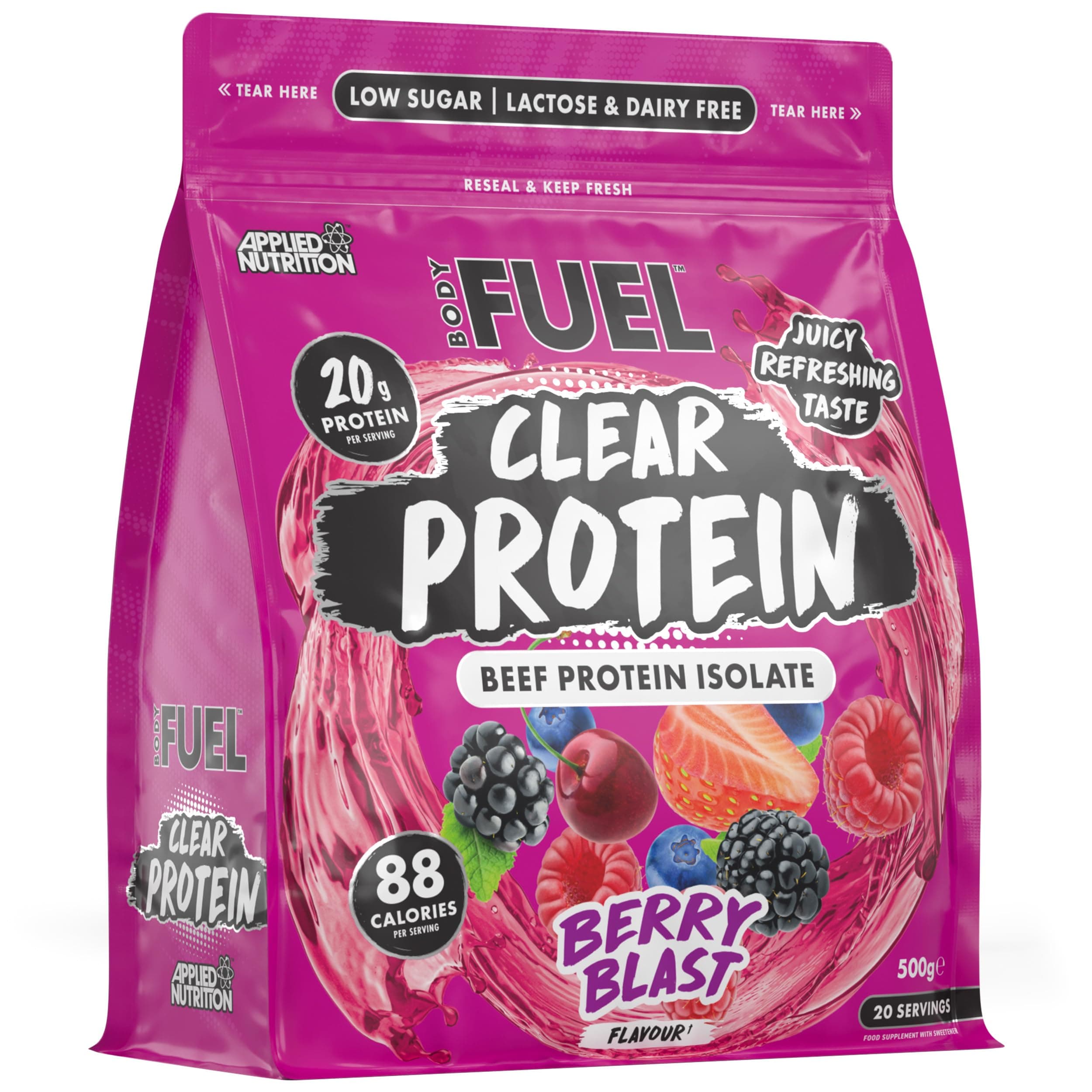 BodyFuel Clear Protein - Beef Protein Isolate - Clear & Refreshing - Best Low Sugar & Lactose-Free Protein Supplement - Muscle Support (500g - 20 Servings) (Berry Blast)