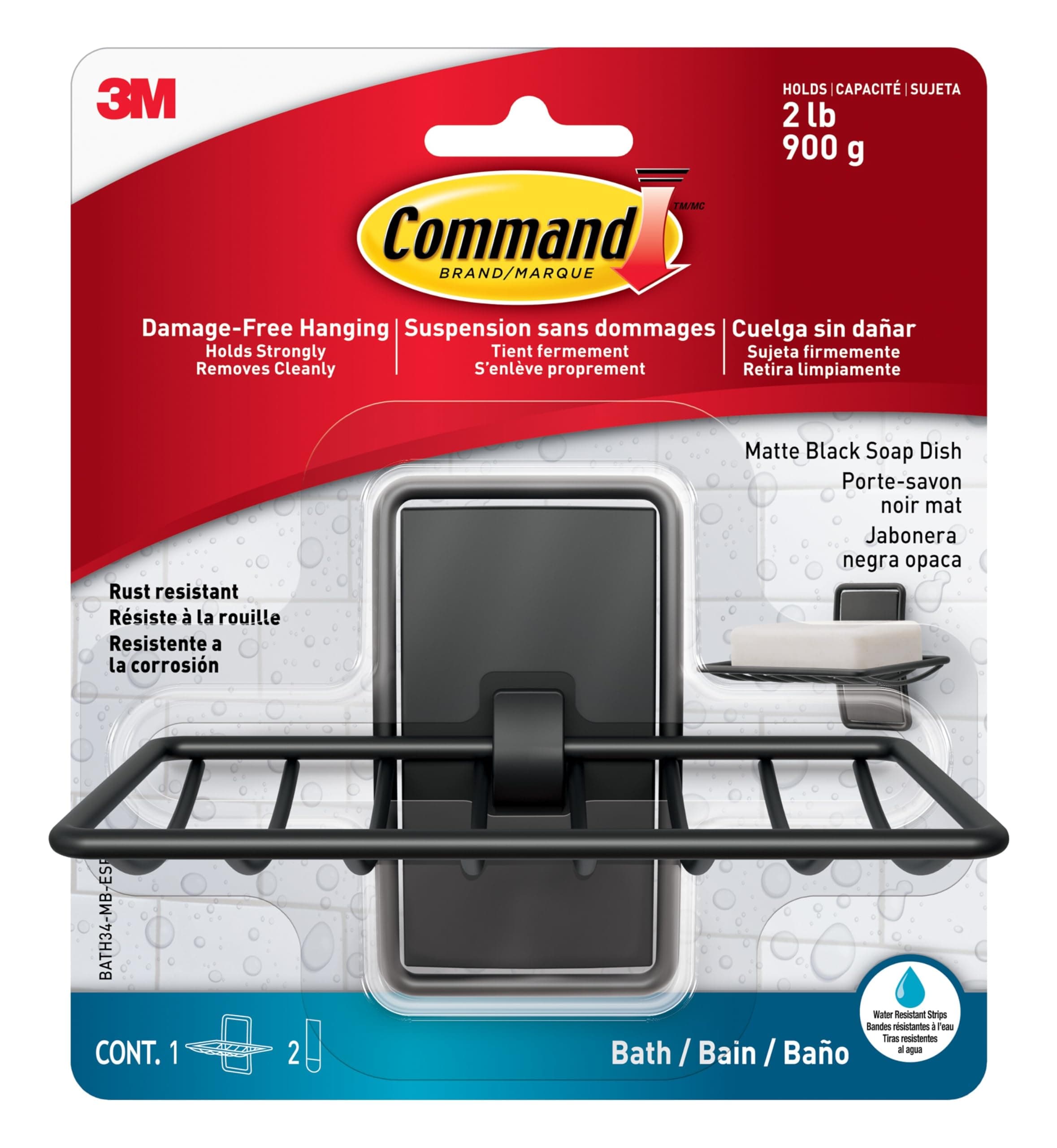 Command Soap Dish for Shower, Damage-Free Hanging, No Tools Soap Holder for Bathroom Organization, 1 Matte Black Dish and 2 Water-Resistant Strips