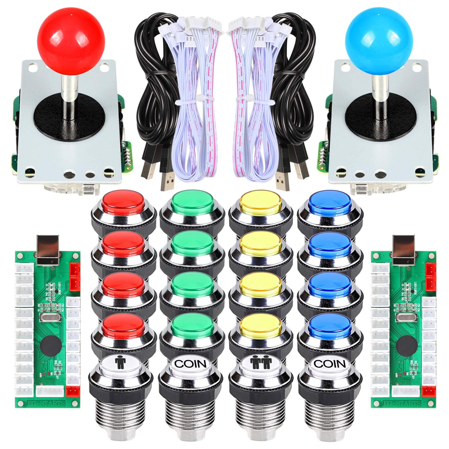 EG Starts 2 Player Classic Arcade Contest DIY Kits USB Encoder To PC Joystick + 8 Ways Sticker + Chrome Plating LED Illuminated Push Button 1 & 2 Player Coin Buttons For Arcade Mame Raspberry Pi Games